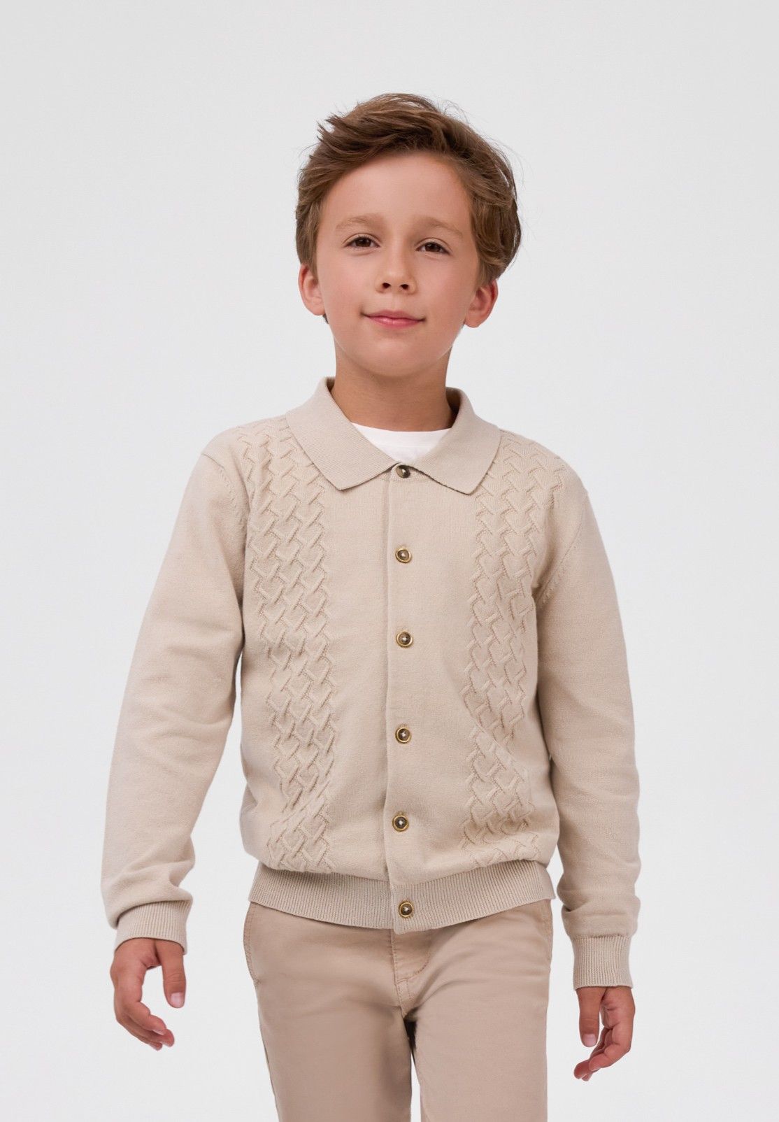 Boys' stone cable knit cardigan with a polo collar – Minoti 33KNIT257