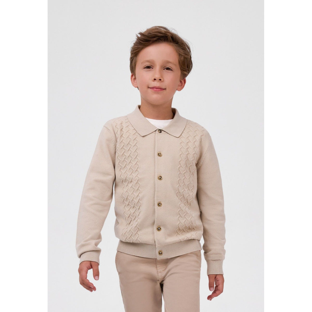Boys' cardigan with textured panels in beige — complete product view for square Shop card
