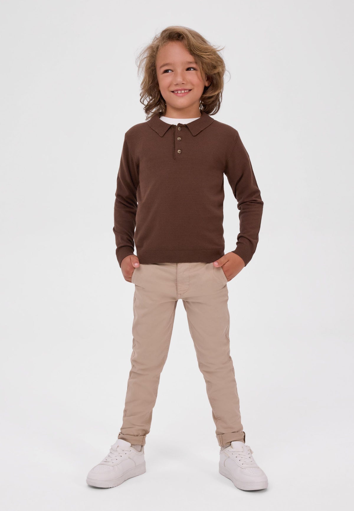 Boys' brown knitted jumper with a ribbed polo collar – Minoti 33KNIT262