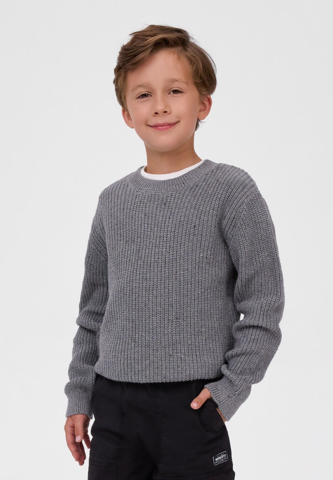 Boys' grey flecked jumper with a ribbed crew neck and hem – Minoti 33KNIT273