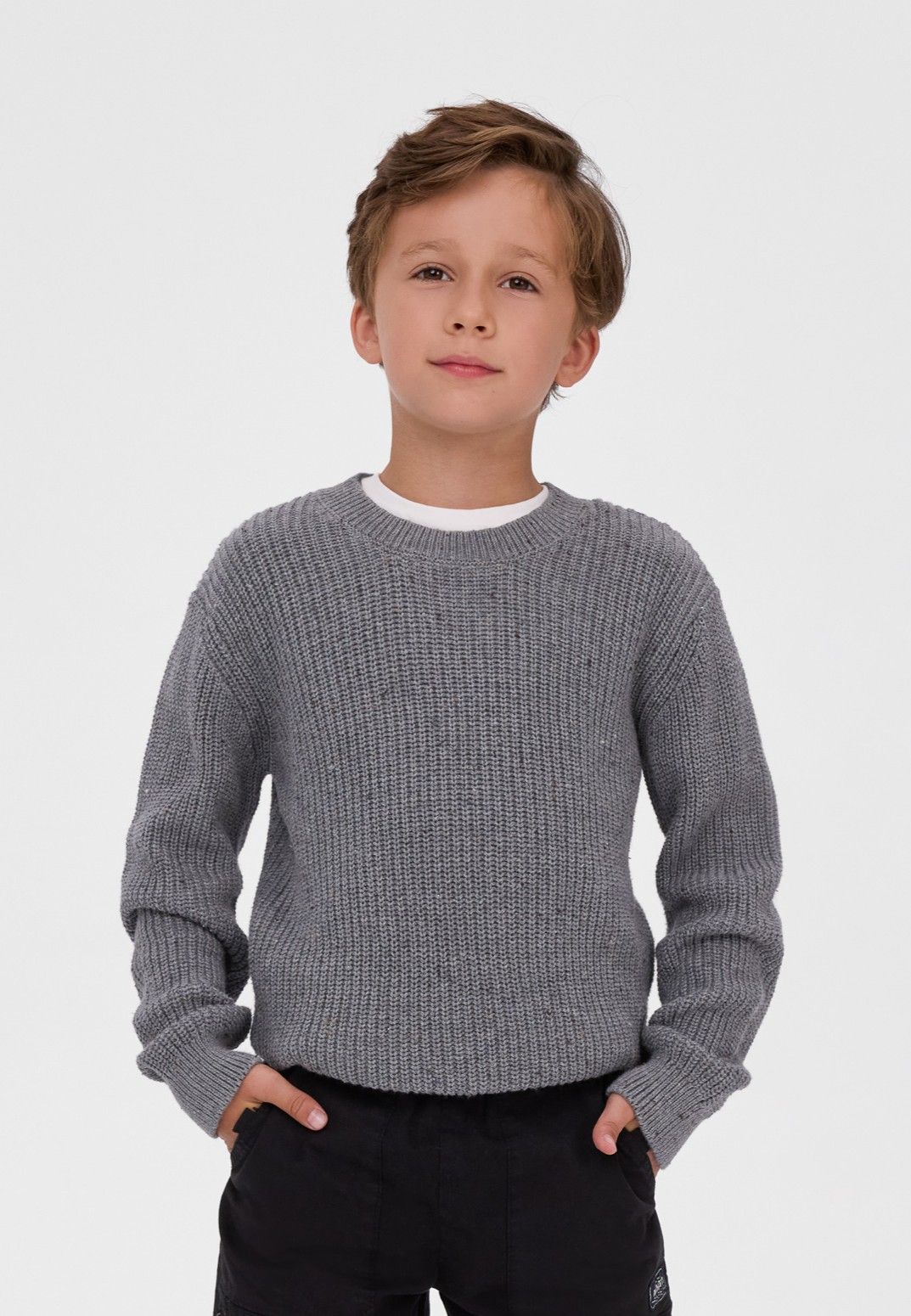 Boys' grey flecked jumper with a ribbed crew neck and hem – Minoti 33KNIT273, 2