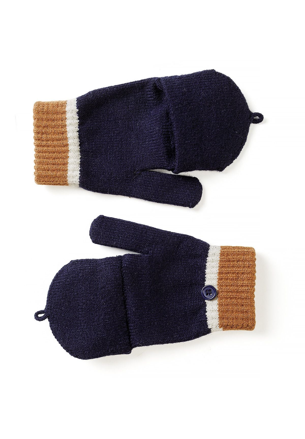 Ensemble composé d'un bonnet bleu marine et de gants convertibles pour garçon, gants avec rabat fermé.