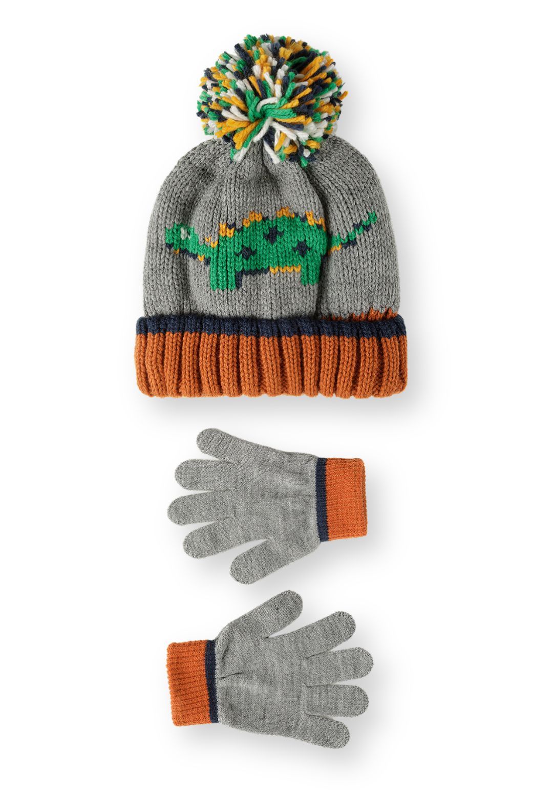 Set met grijs gemêleerde dinosaurusmuts en handschoenen voor jongens, muts en handschoenen.