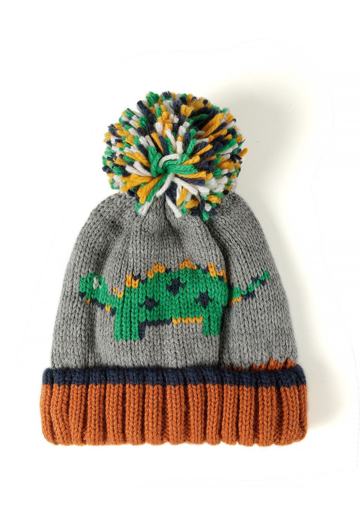 Set met grijs gemêleerde dinosaurusmuts en handschoenen voor jongens, muts, voorkant.
