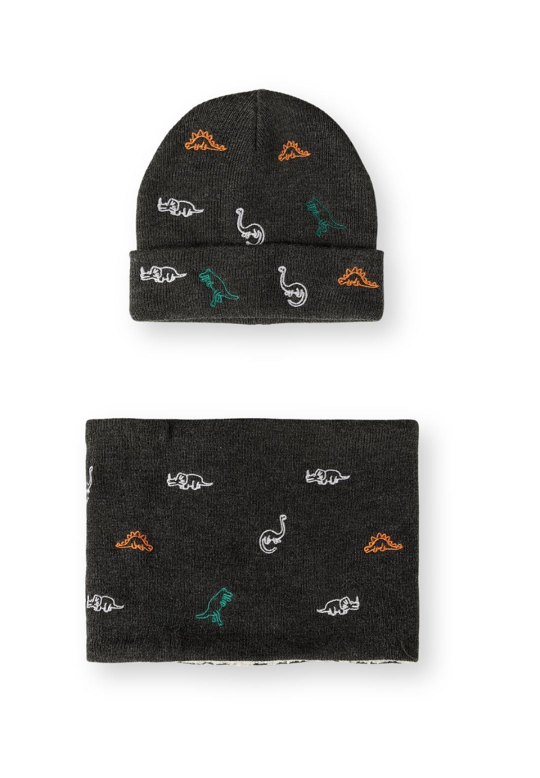 Set met een donkergrijze, gemêleerde dinosaurusmuts en snood voor jongens, bestaande uit een muts en een snood.