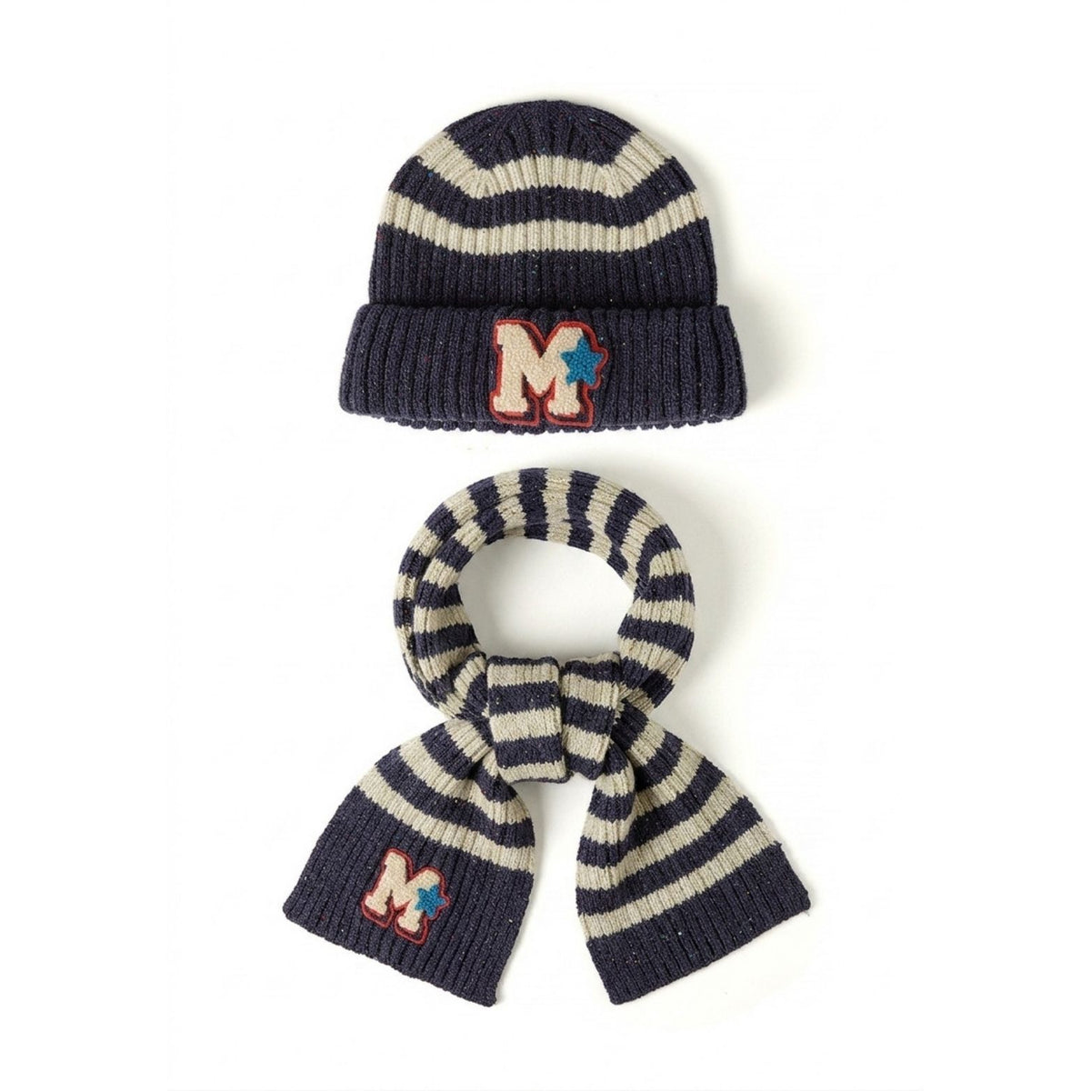 Striped hat and scarf set in navy and cream — complete product view for square Shop card