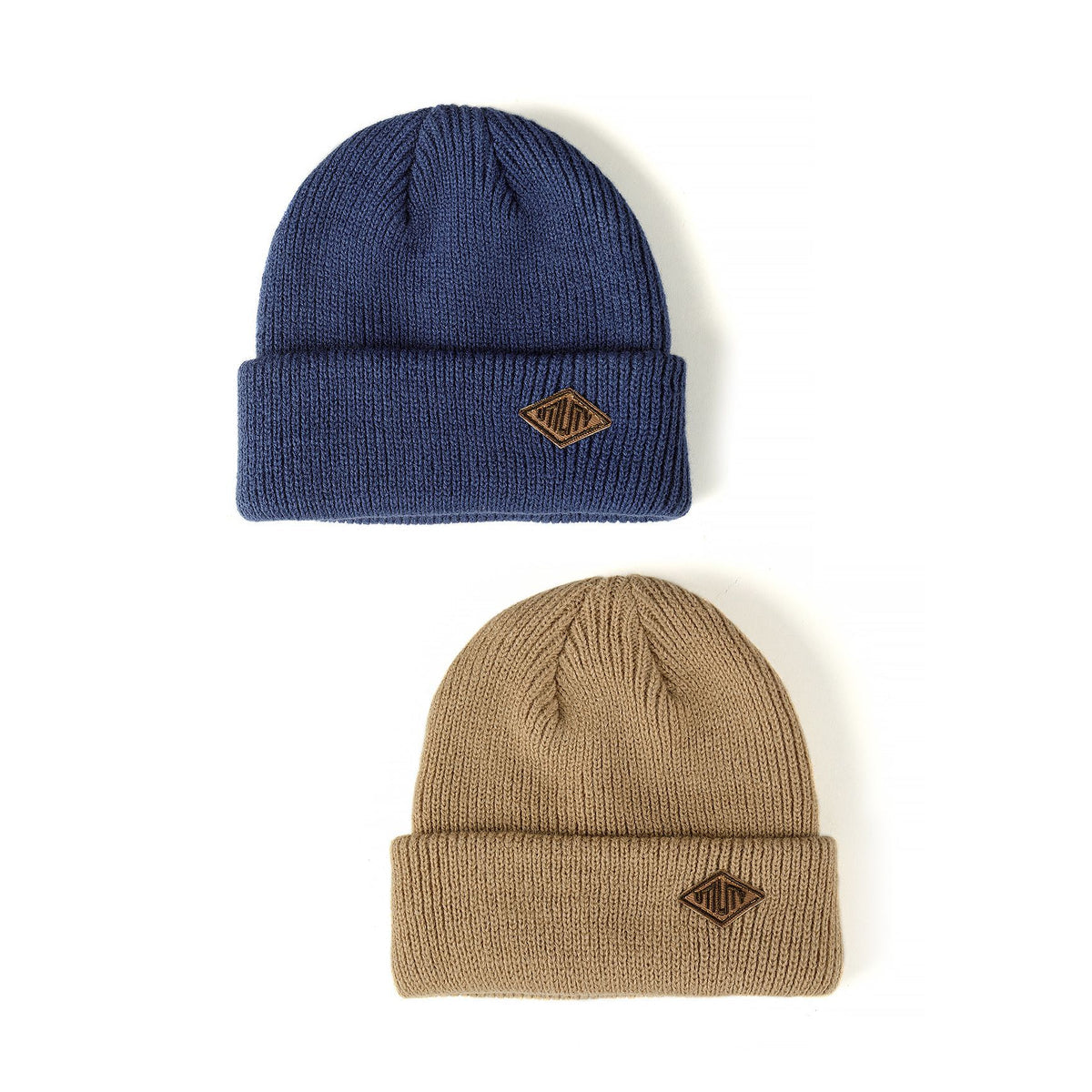 Boys' ribbed beanie hats in navy and tan, 2-pack — complete product view for square Shop card