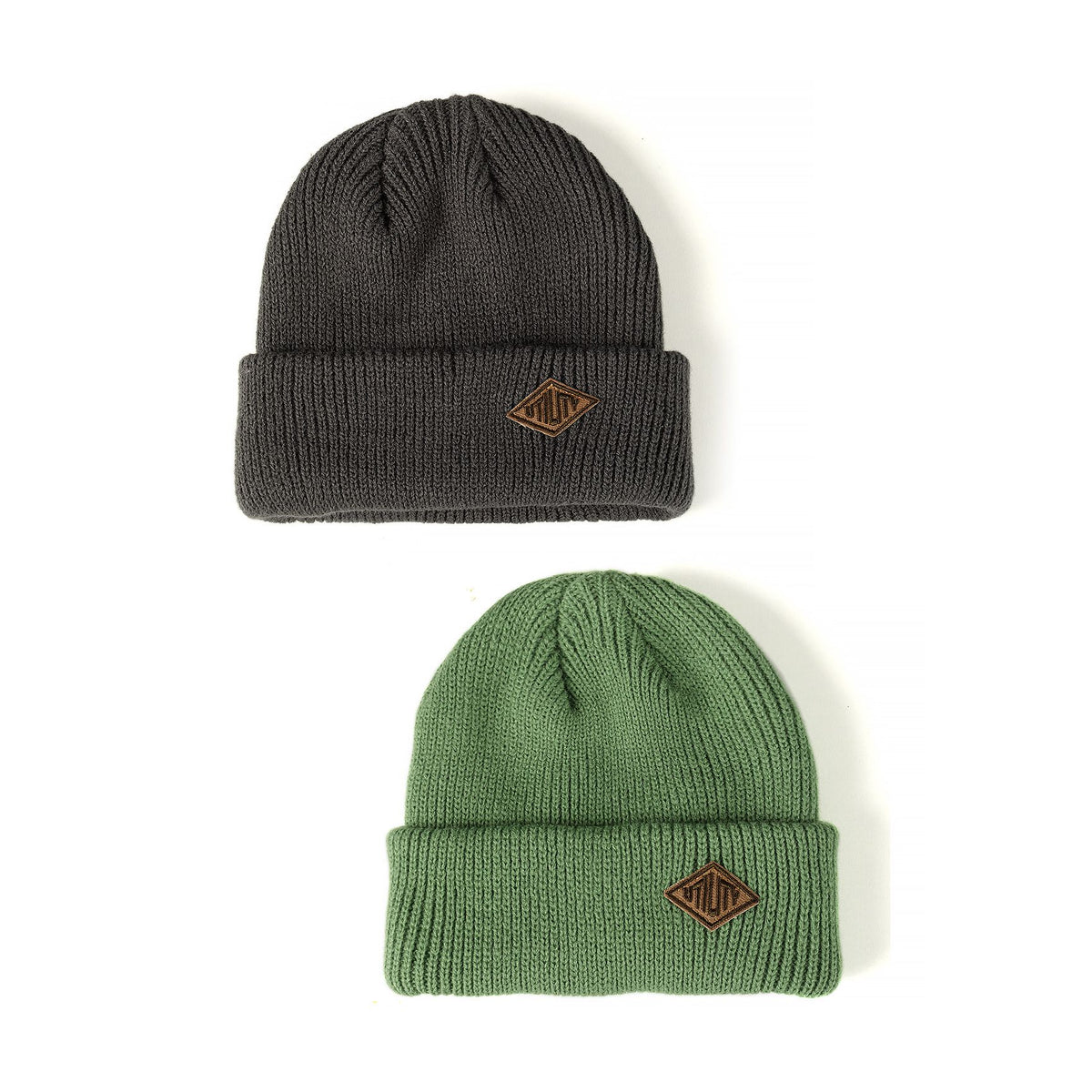 Boys' ribbed beanie hats in dark grey and green, 2-pack — complete product view for square Shop card