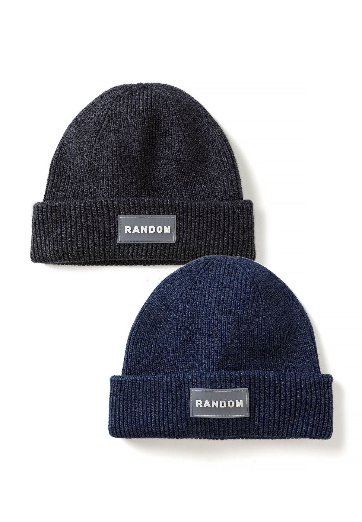 Black and navy rib-knit beanie hats with deep folded brims and grey RANDOM patches, 2-pack.