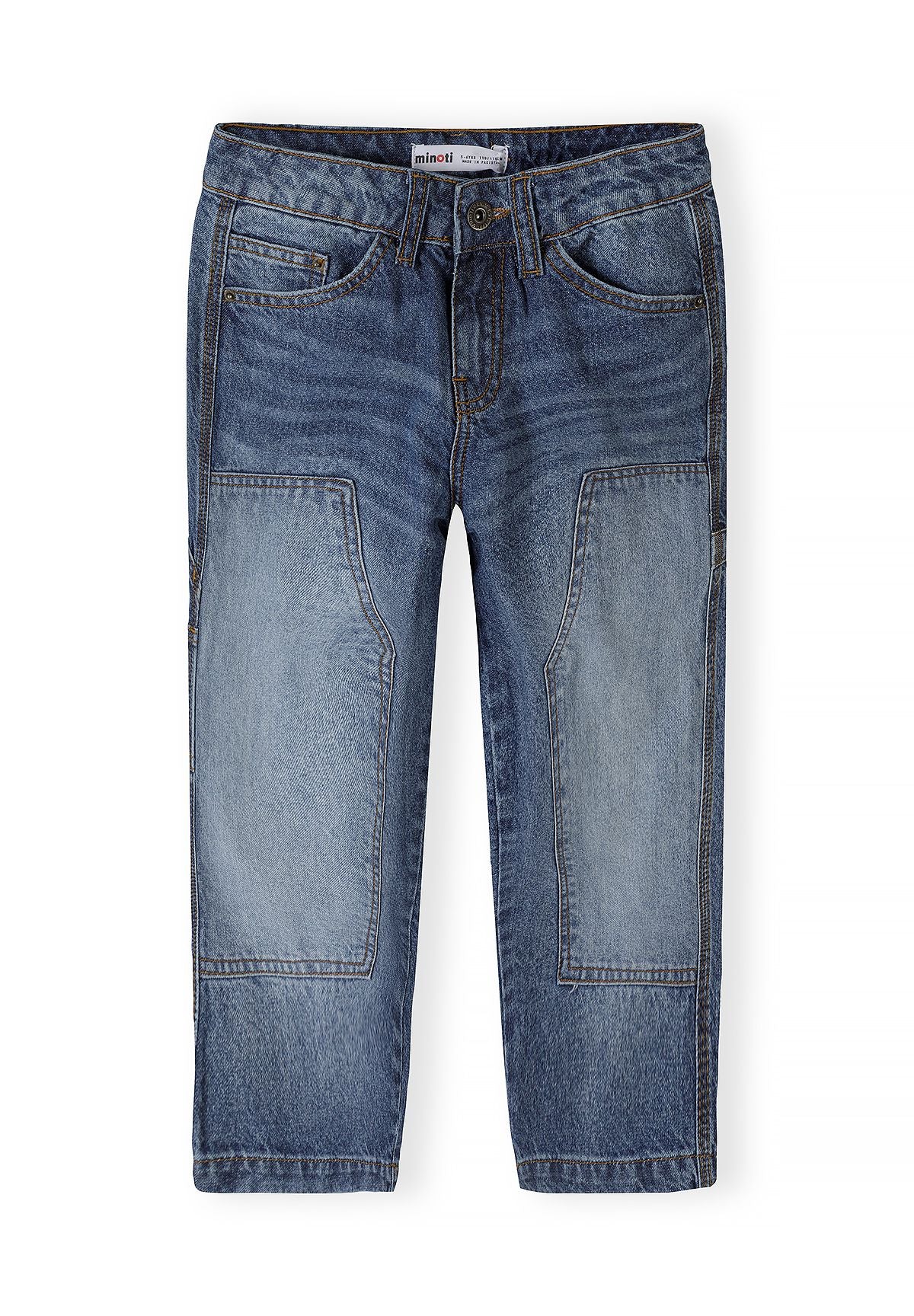 Blauwe baggy carpenter-jeans voor kinderen, voorkant.