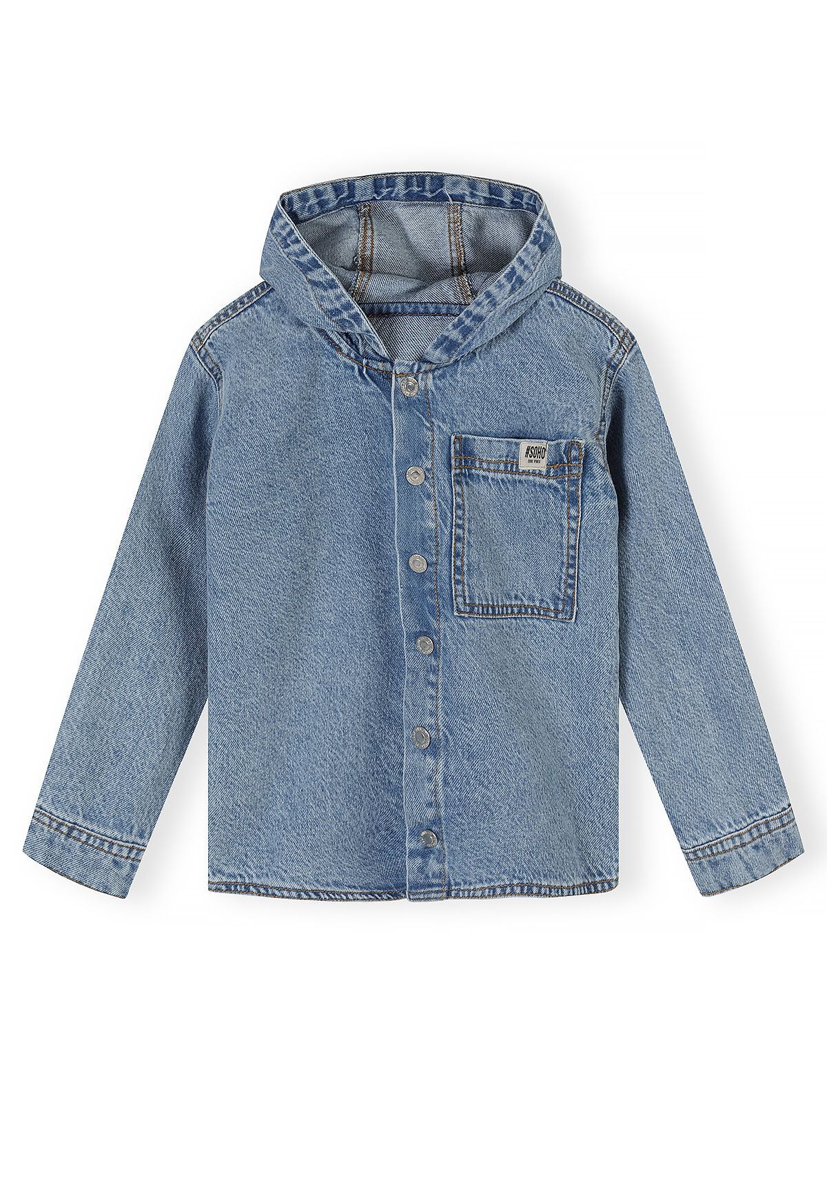 Boys' denim hooded shirt with a popper front and chest pocket – Minoti 33SHIRT200