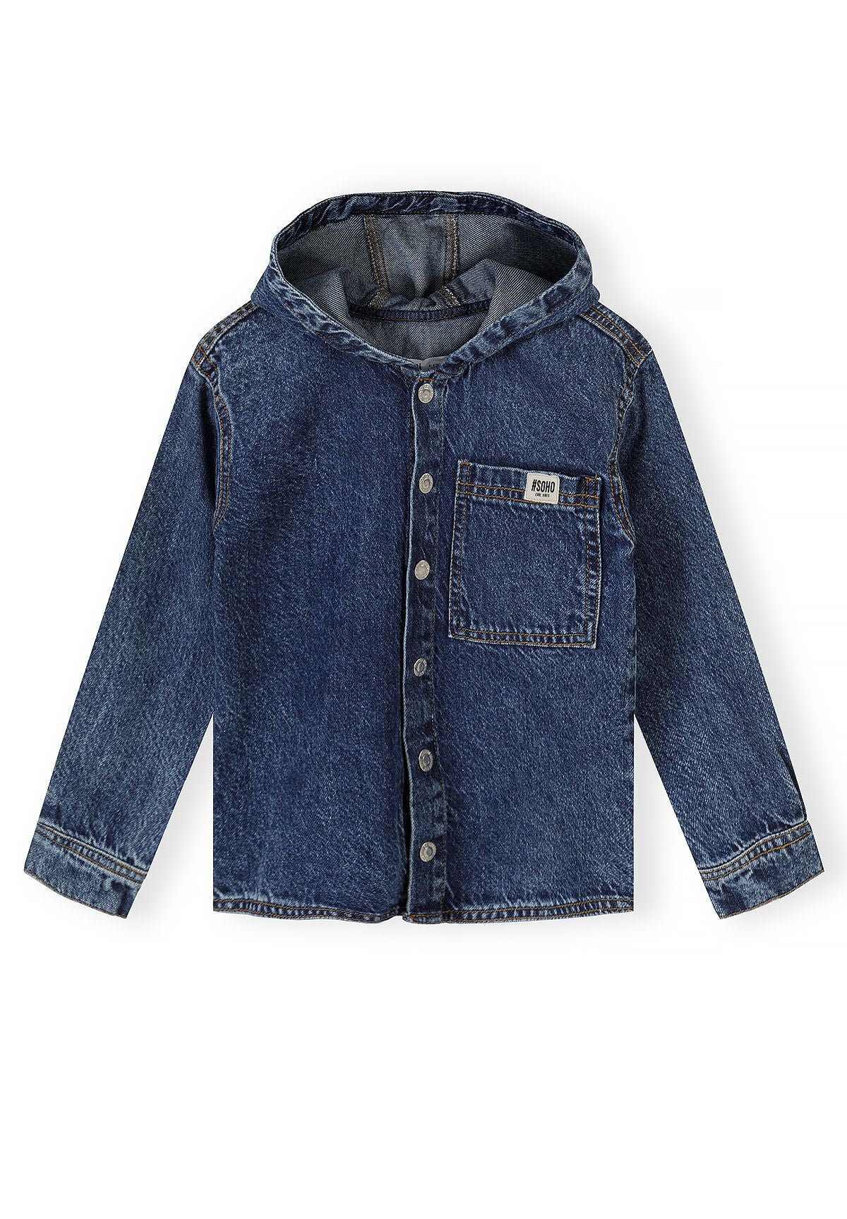 Boys' denim hooded shirt with a popper front and chest pocket – Minoti 33SHIRT201