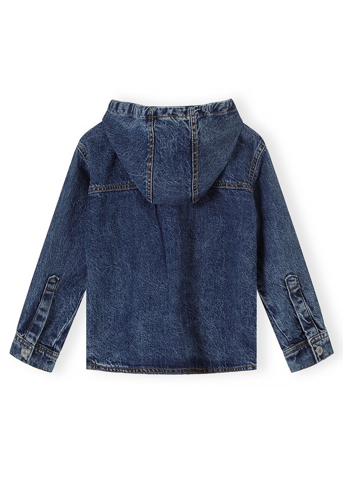 Donkerblauw denimhemd met capuchon voor jongens, met borstzak, achterkant.
