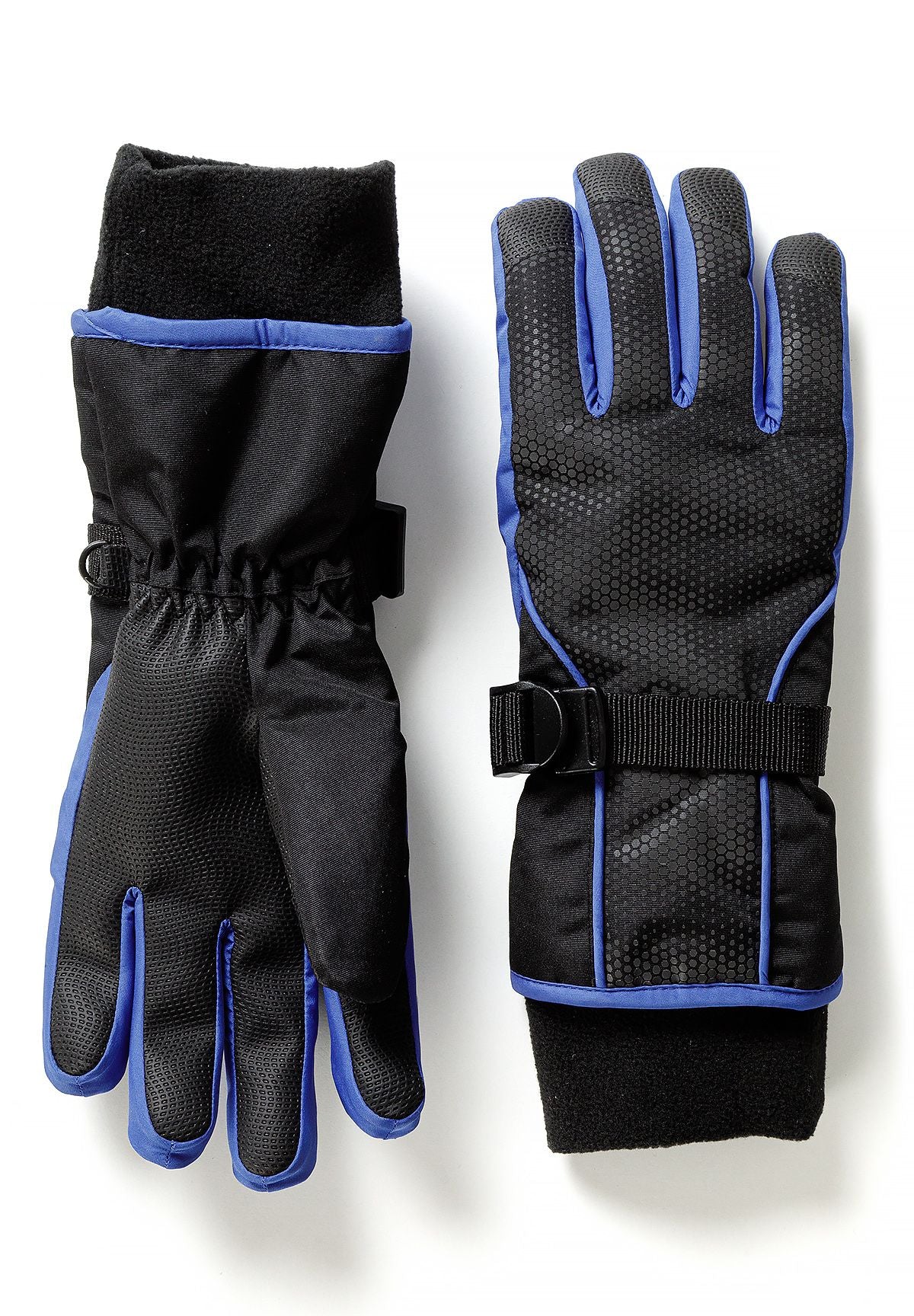 Zwarte en blauwe skihandschoenen voor jongens met polsbandjes, per paar, handpalmen.