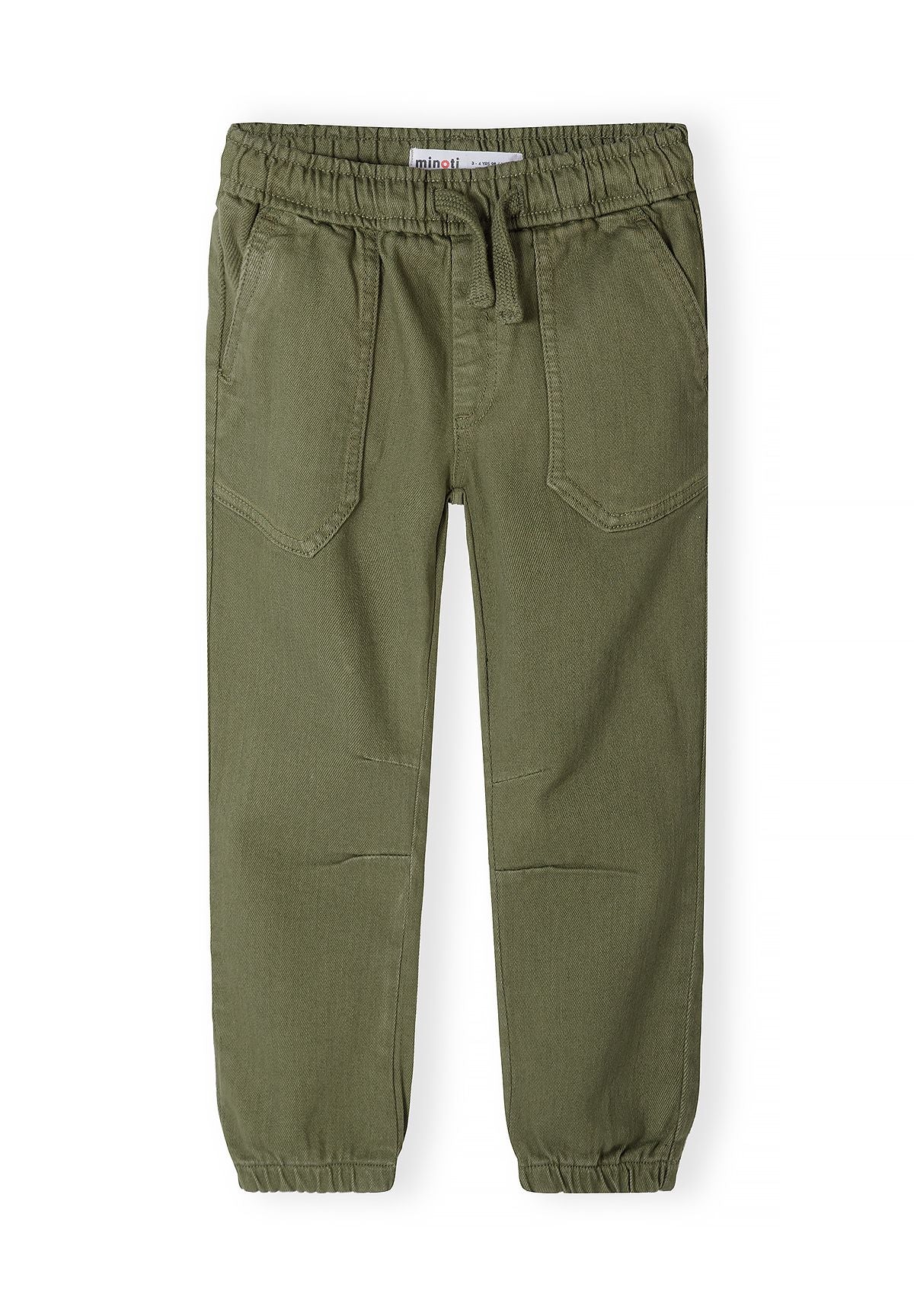 Front of olive green pull-on trousers with drawcord, patch pockets and elastic cuffs.
