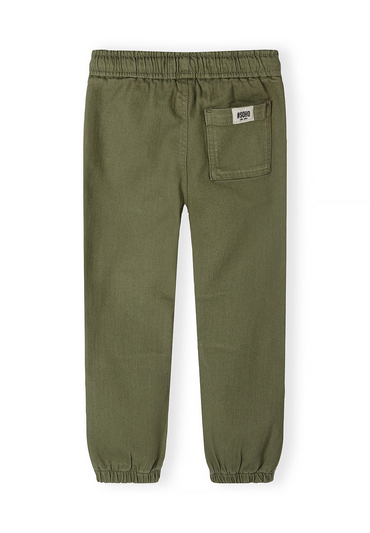 Back of olive green cuffed trousers with one labelled patch pocket.