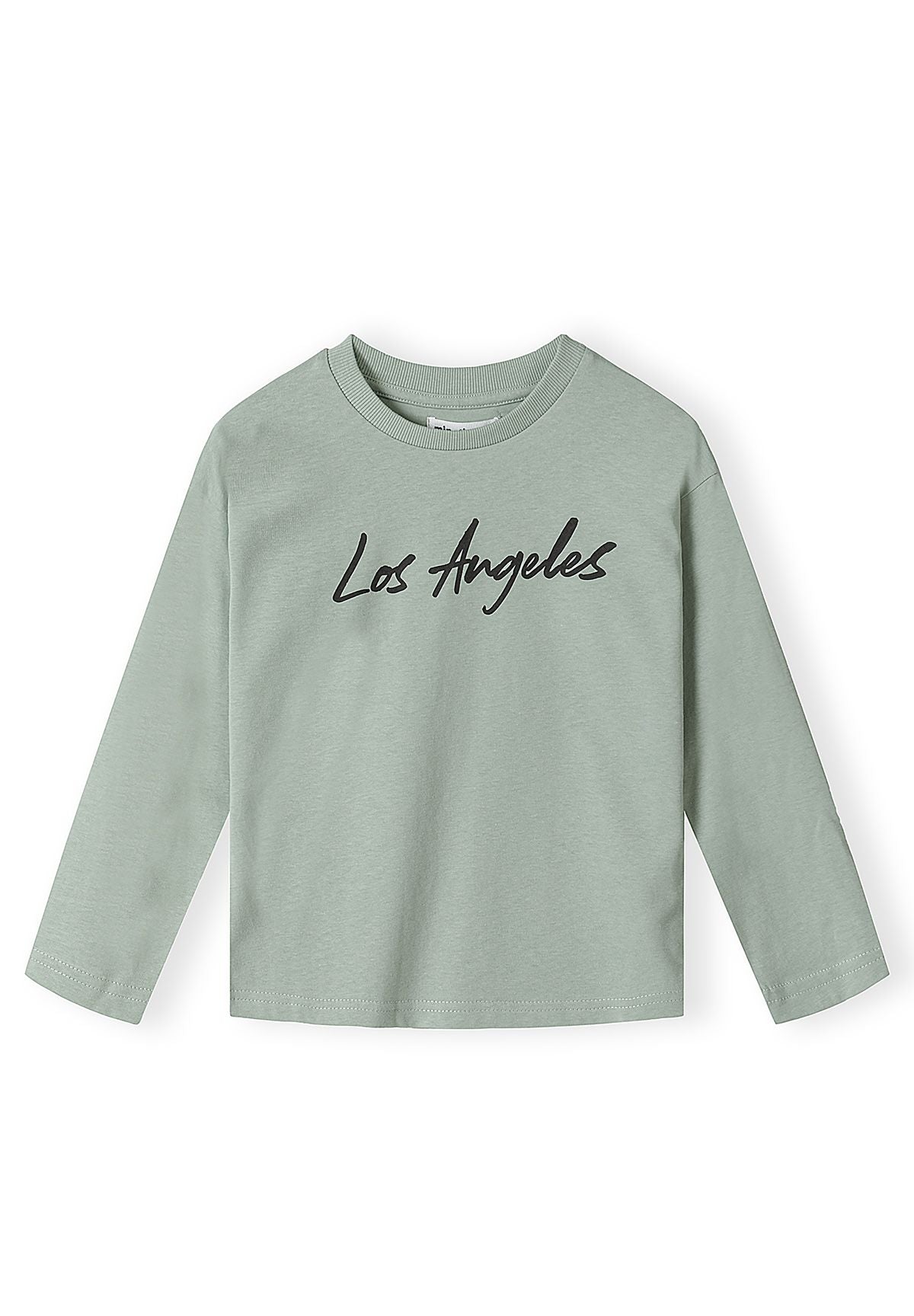 Pale sage-green long-sleeve top with black Los Angeles script.