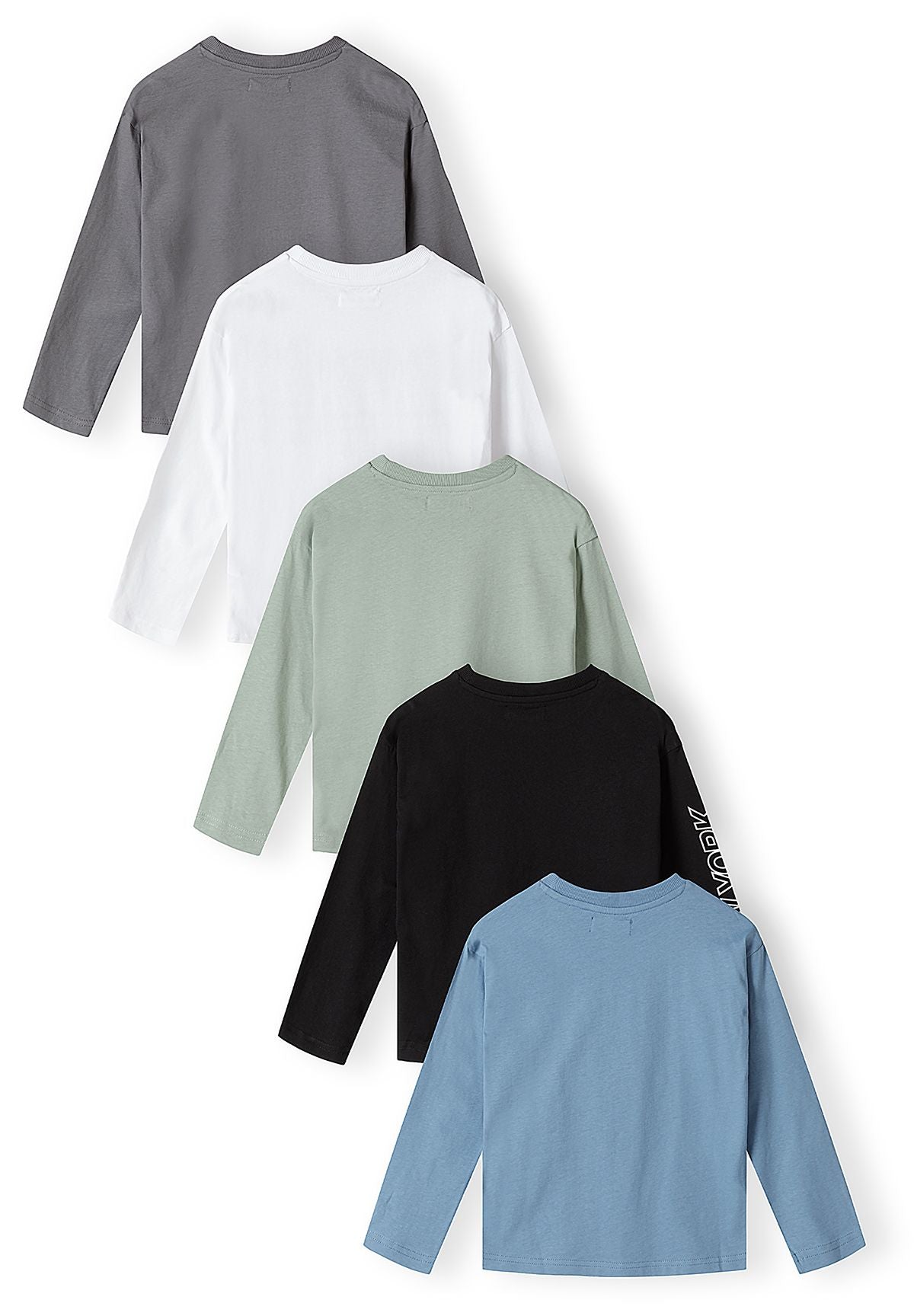 Back view of grey, white, sage, black and blue long-sleeve tops.