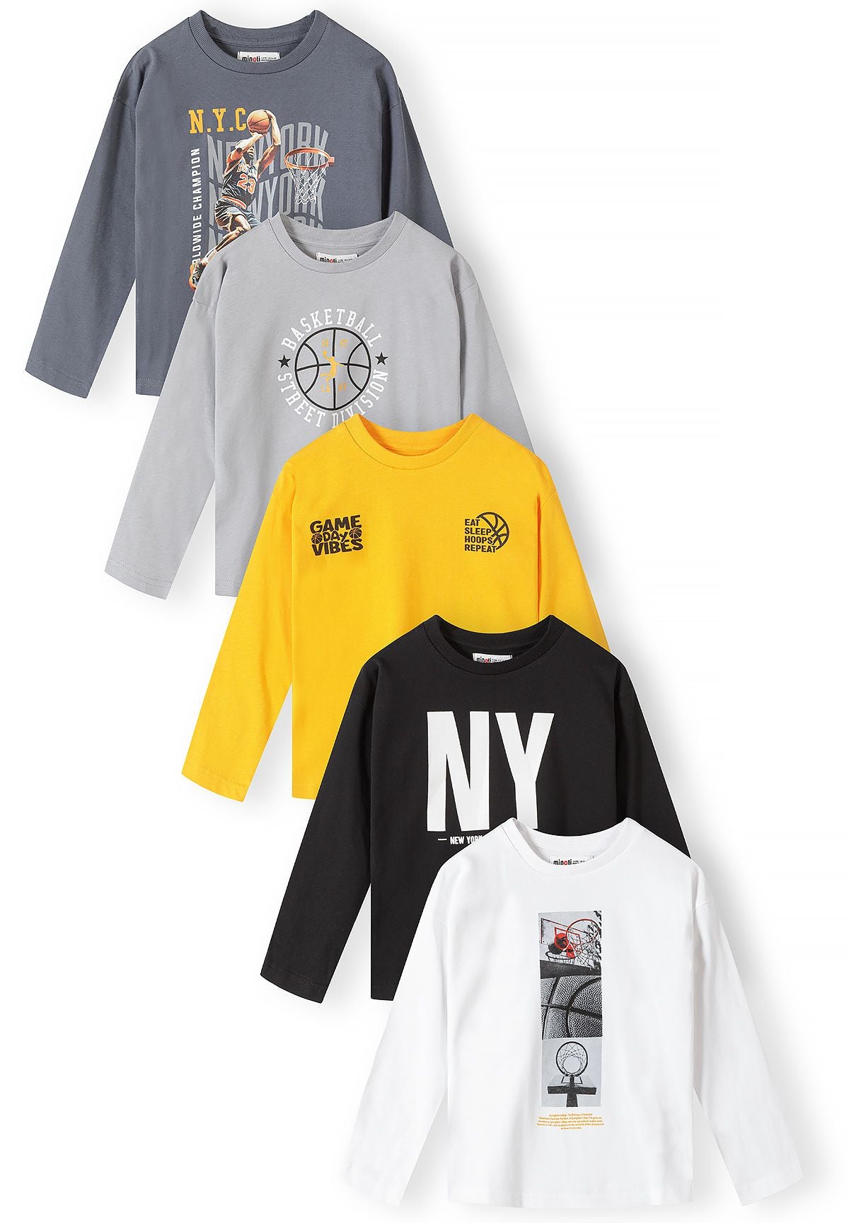 Camisetas de manga larga con estampado de baloncesto para niño (pack de 5), las cinco camisetas, vista frontal.