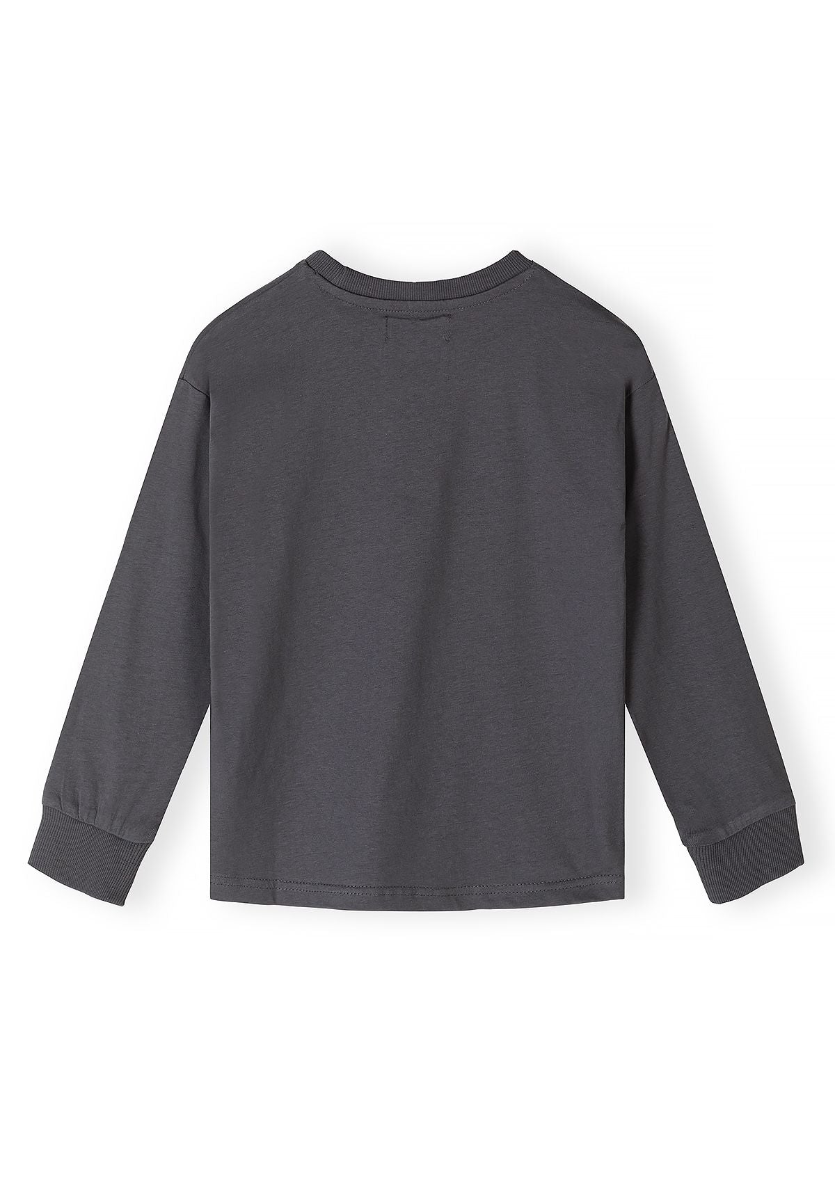 Plain back of charcoal-grey long-sleeve top with ribbed cuffs.