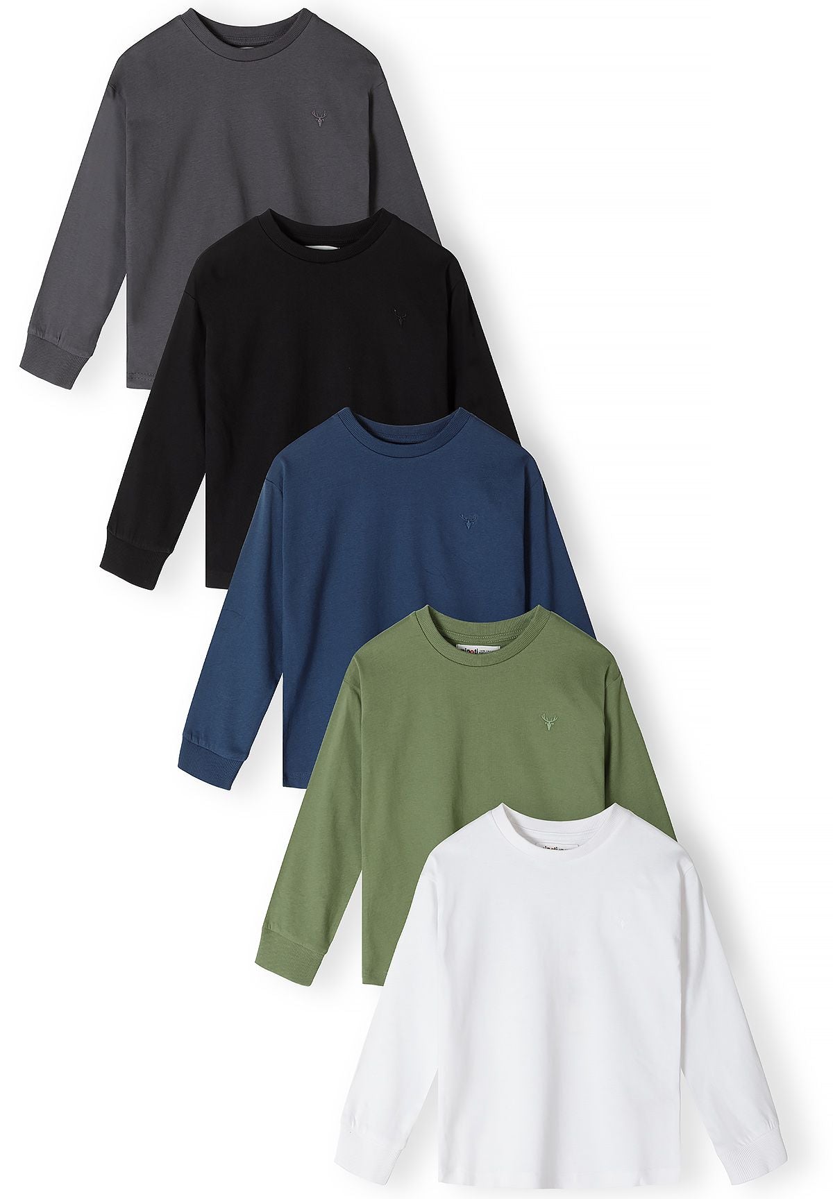 Front of five long-sleeve tops in charcoal, black, navy, olive and white.