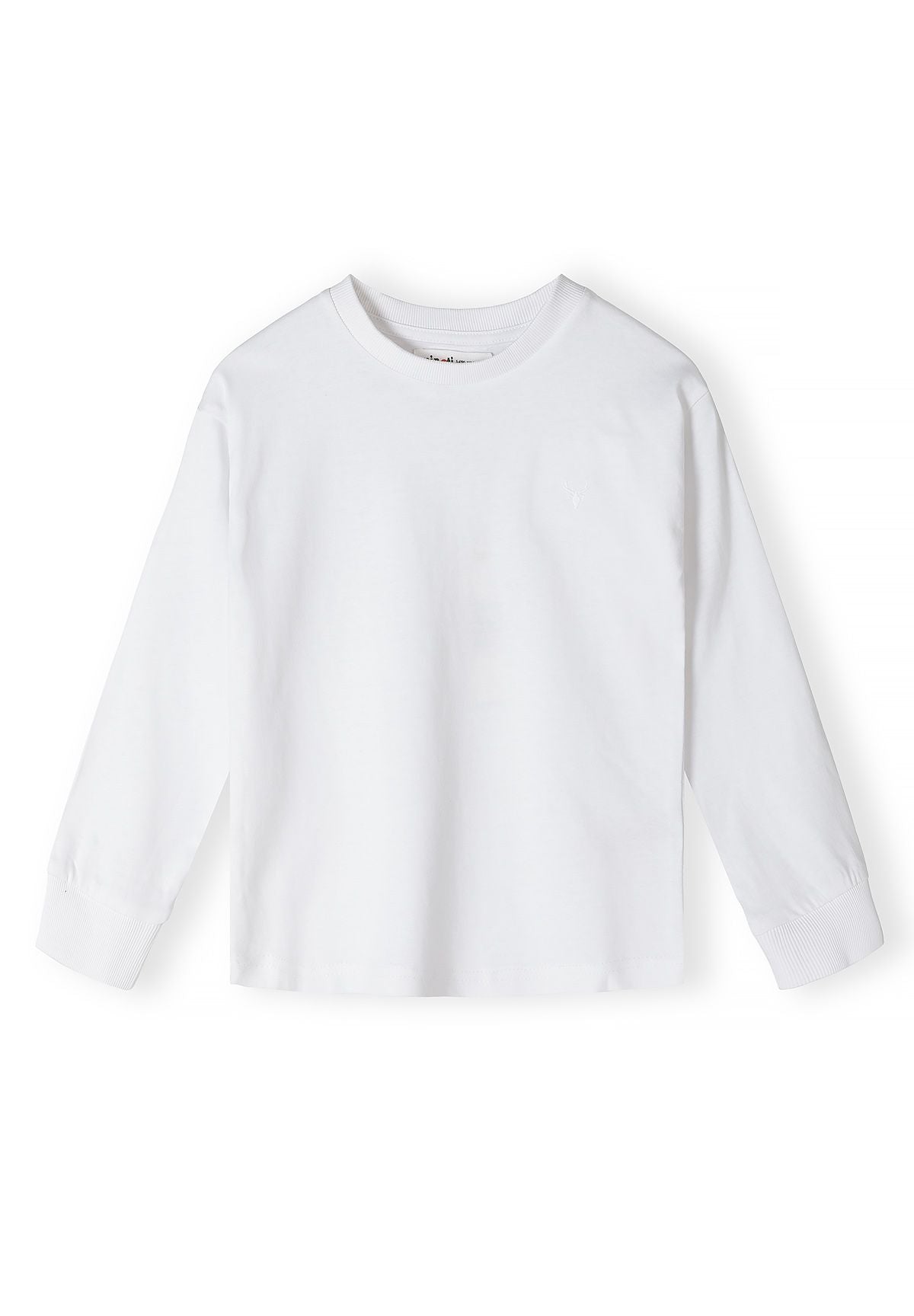 Front of white long-sleeve top with crew neck and ribbed cuffs.