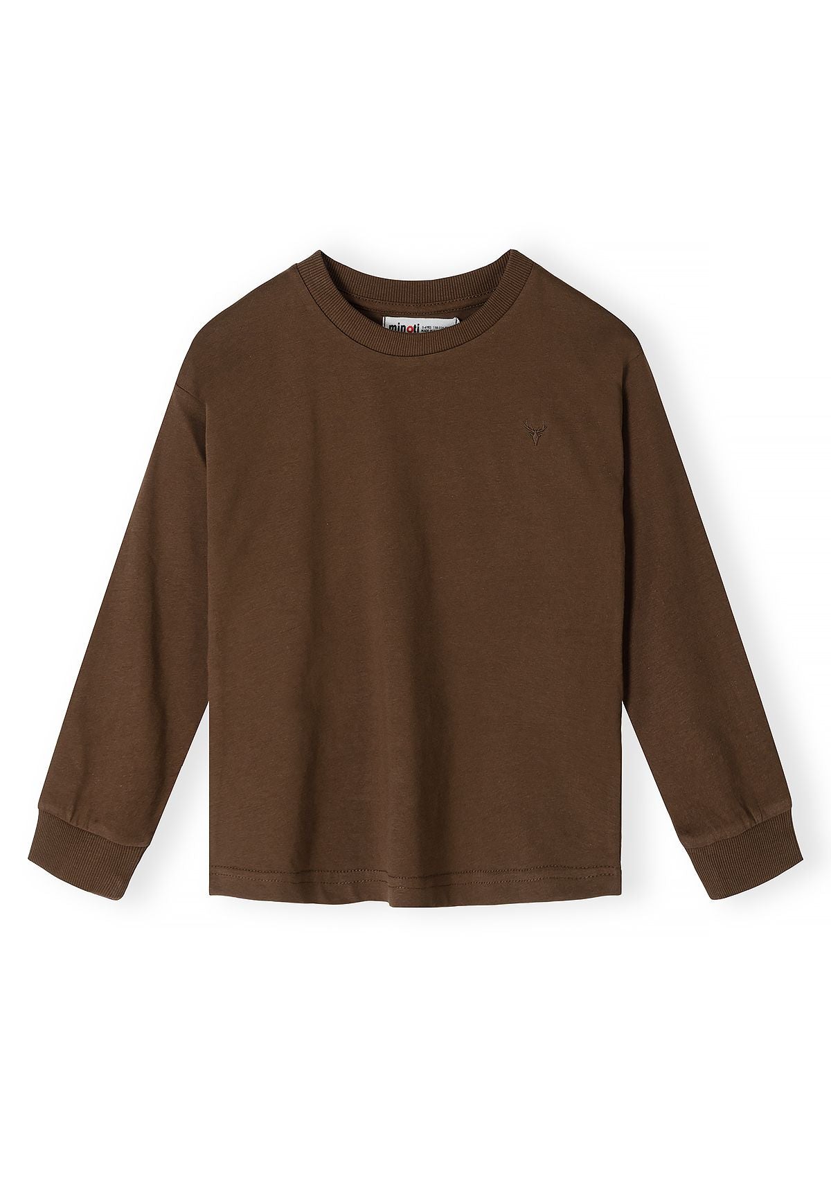 Dark brown long-sleeved crew-neck top with tonal stag embroidery and ribbed cuffs.