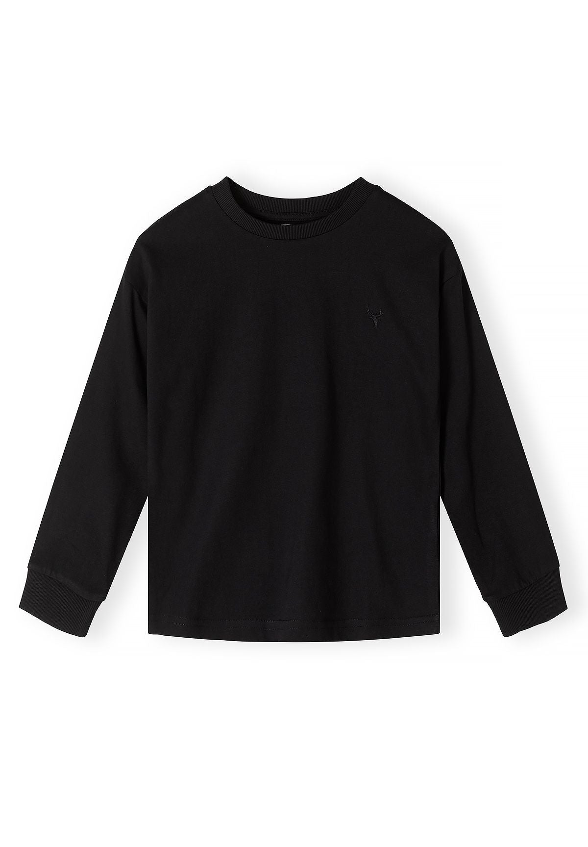 Black long-sleeved crew-neck top with subtle black stag embroidery and ribbed cuffs.