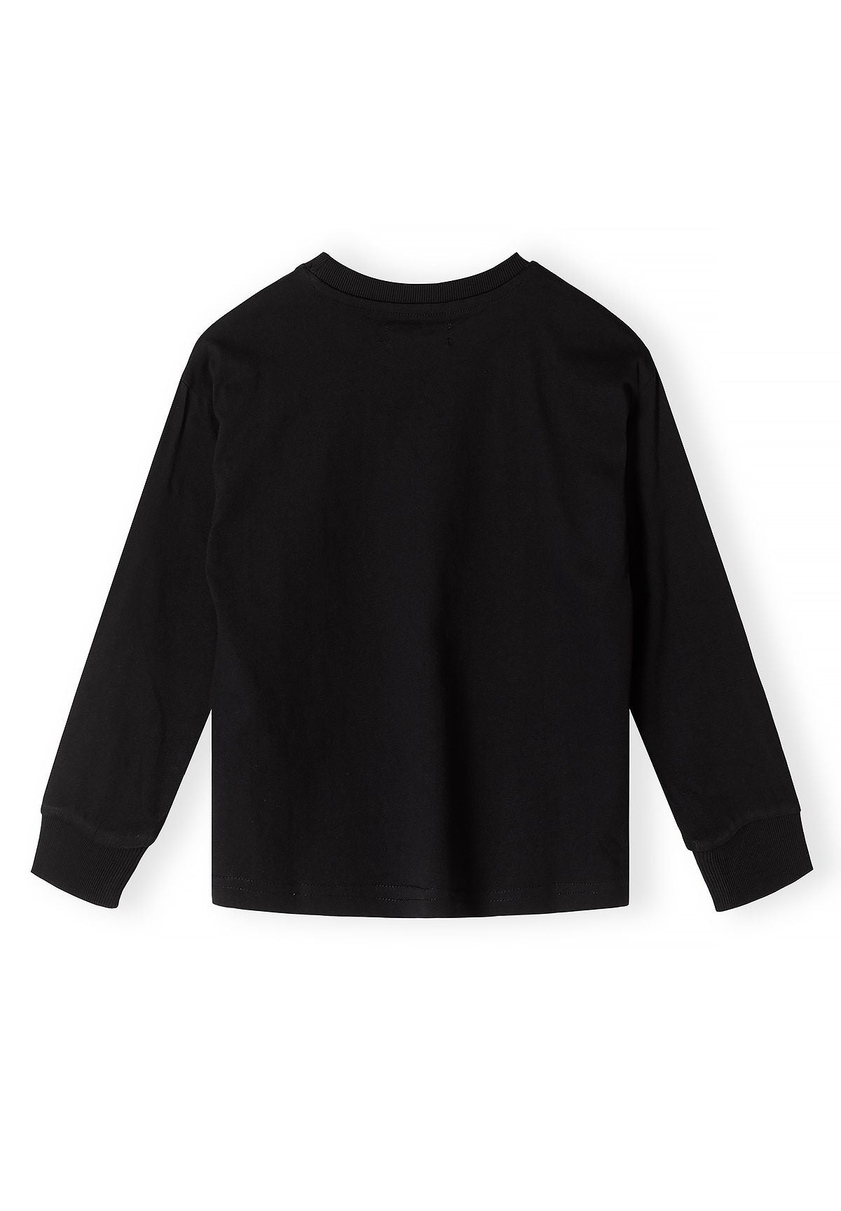 Plain back of black long-sleeved top with crew neck and ribbed cuffs.