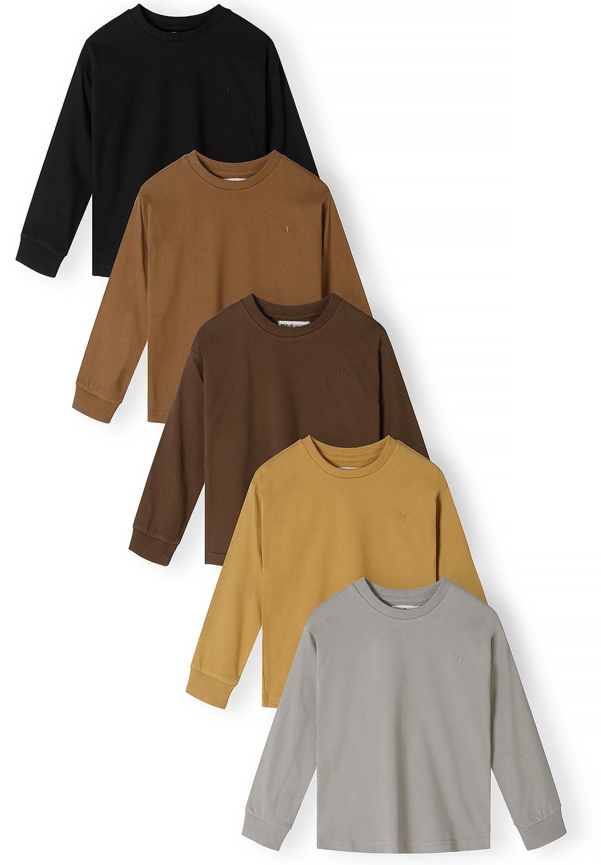 Five long-sleeved tops in black, tan, dark brown, mustard and grey with small tonal stag embroidery.