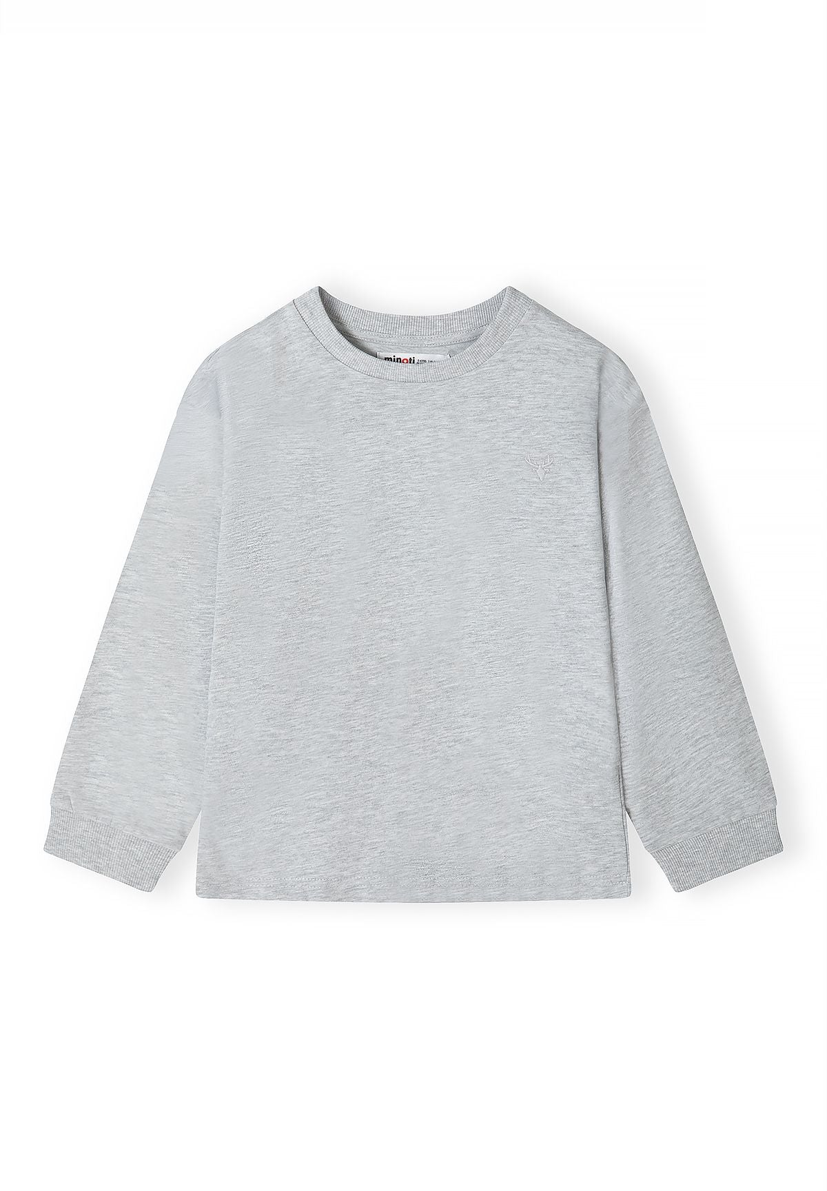Front of pale heather grey long-sleeved crew-neck top with ribbed cuffs.