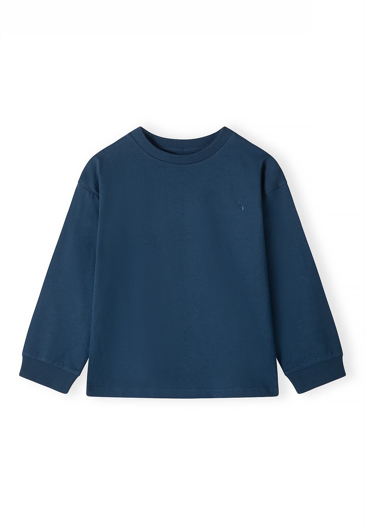 Front of navy long-sleeved top with ribbed trim and subtle stag chest embroidery.