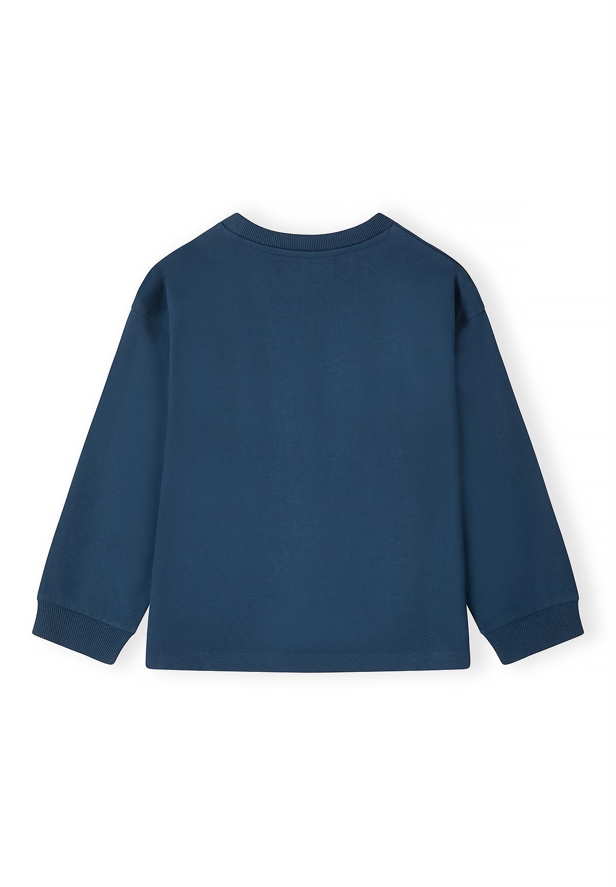 Plain back of navy long-sleeved top with ribbed neck and sleeve cuffs.
