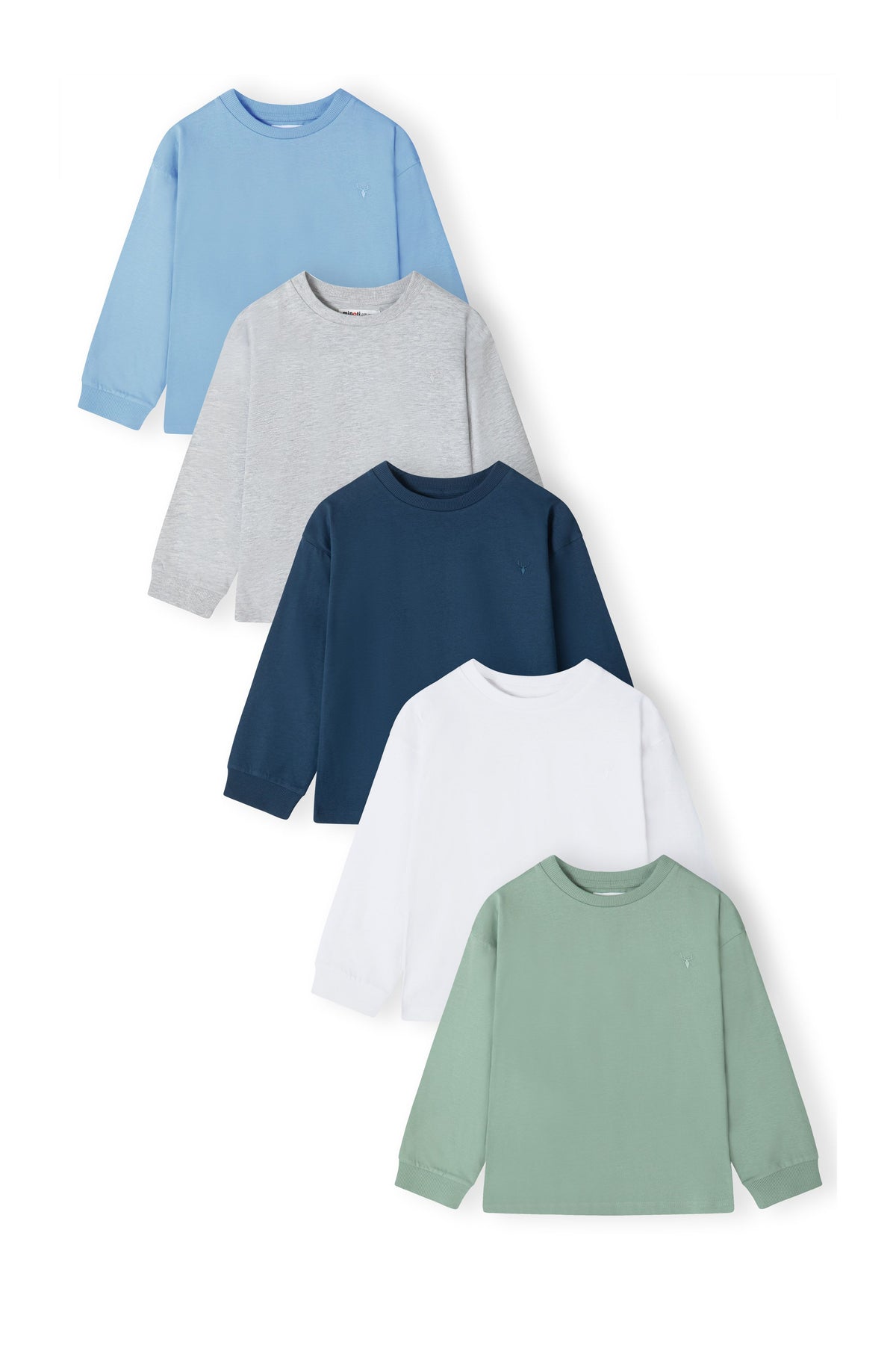 Five long-sleeved crew-neck tops in light blue, grey, navy, white and sage green.