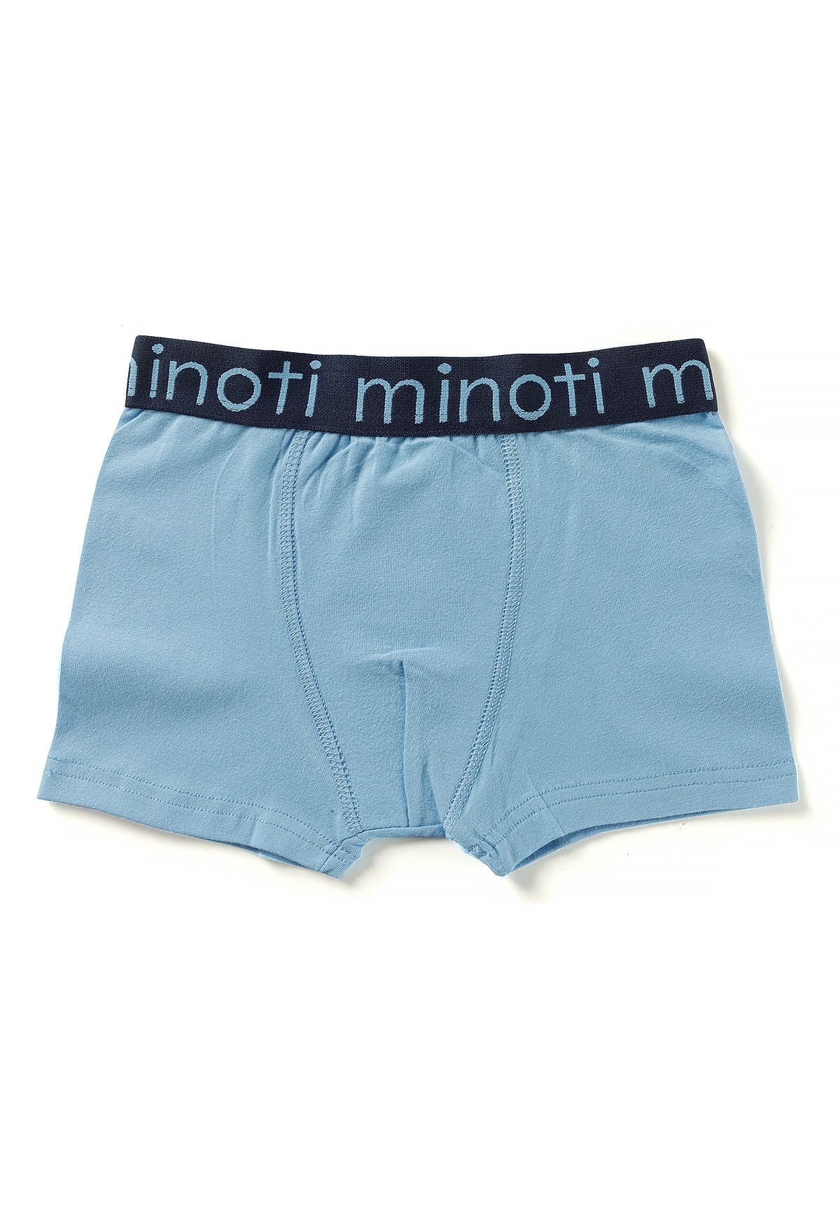 Pale blue boxer shorts with a navy MINOTI elastic waistband and shaped front panel.