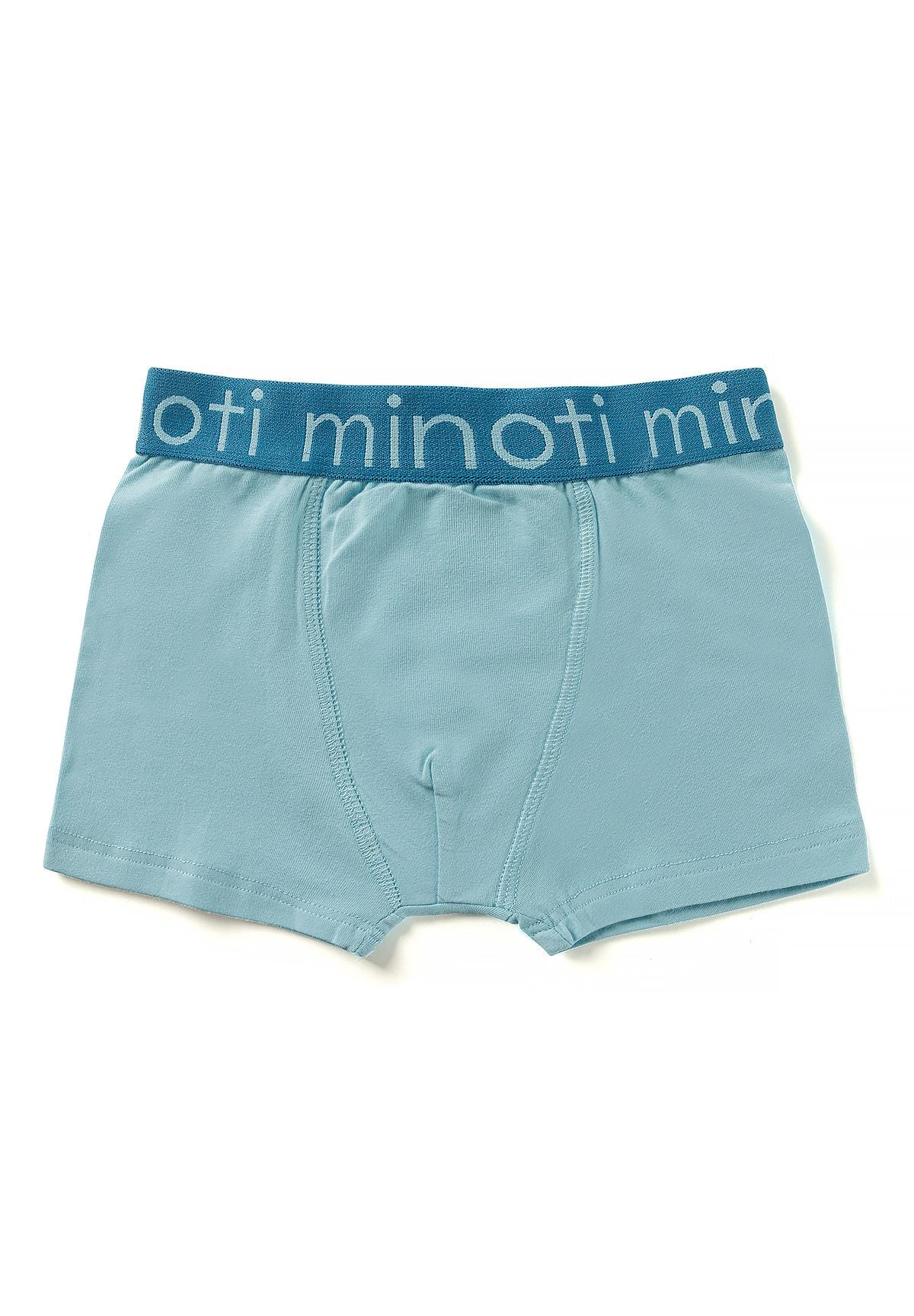 Pale aqua boxer shorts with blue MINOTI logo waistband and short legs.
