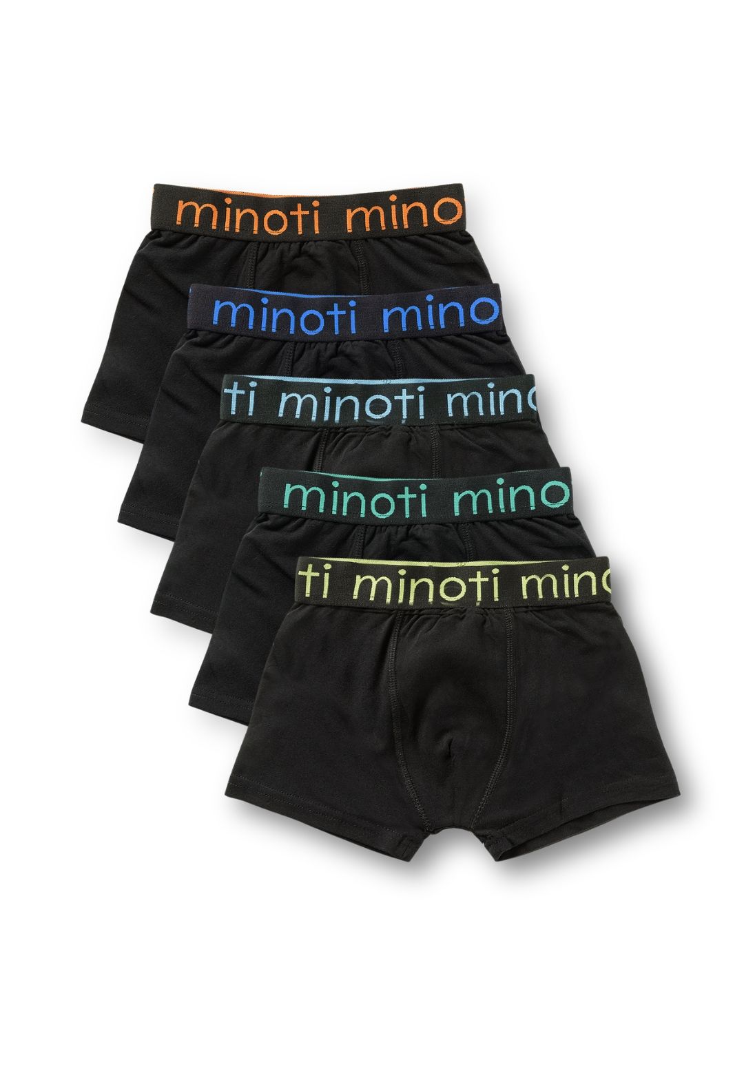 Five black boxer shorts stacked with orange, blue, aqua, green and yellow MINOTI logo waistbands.