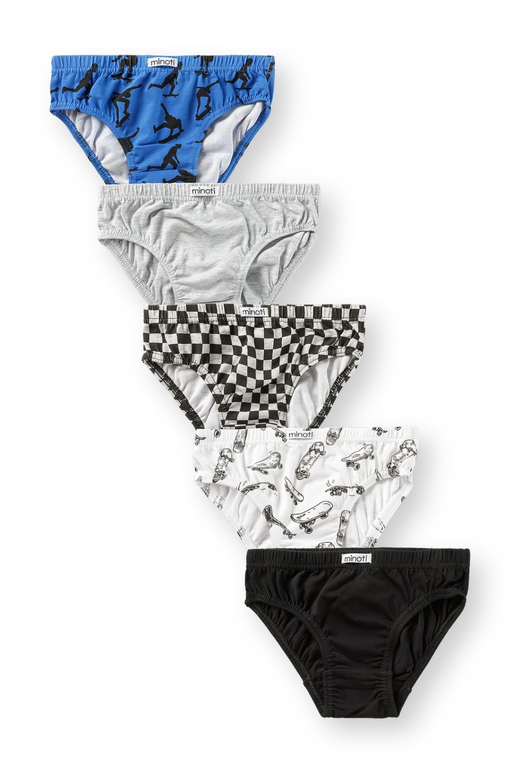 Five boys' briefs: black, grey, checkerboard, skateboard print and blue skater silhouette print.