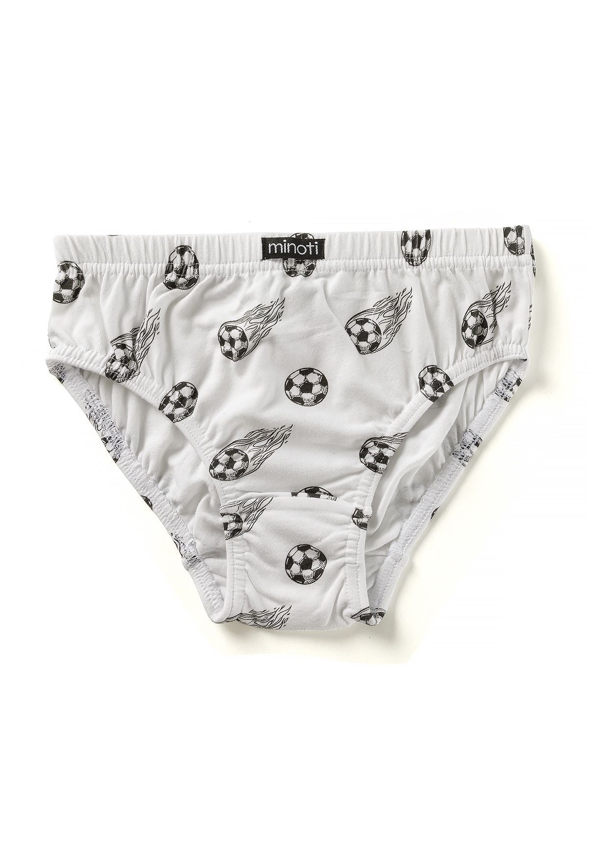 Slips pour garçons à imprimé football bleu, noir et blanc (lot de 7), paire blanche à imprimé football, vue de face.