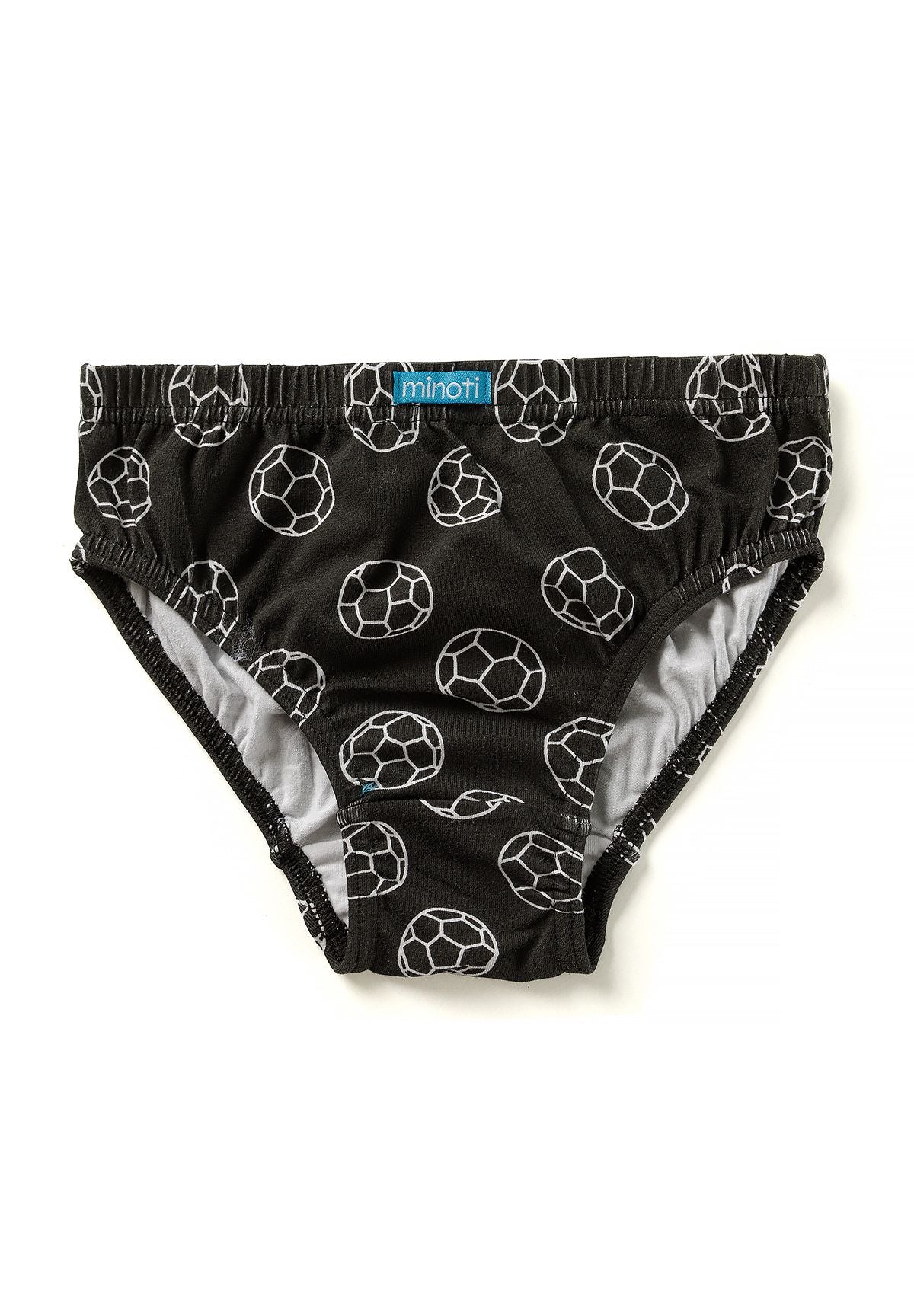 Slips pour garçons à imprimé football bleu, noir et blanc (lot de 7), paire noire à imprimé football, vue de face.