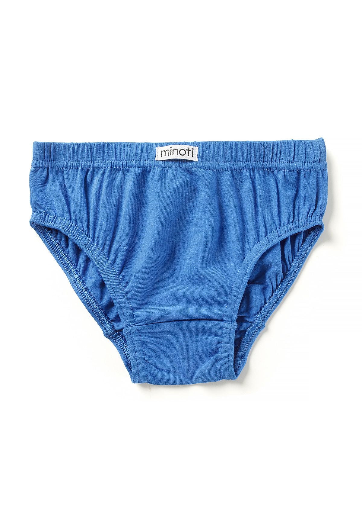 Solid bright blue boys' briefs with gathered elastic waist and small Minoti label.