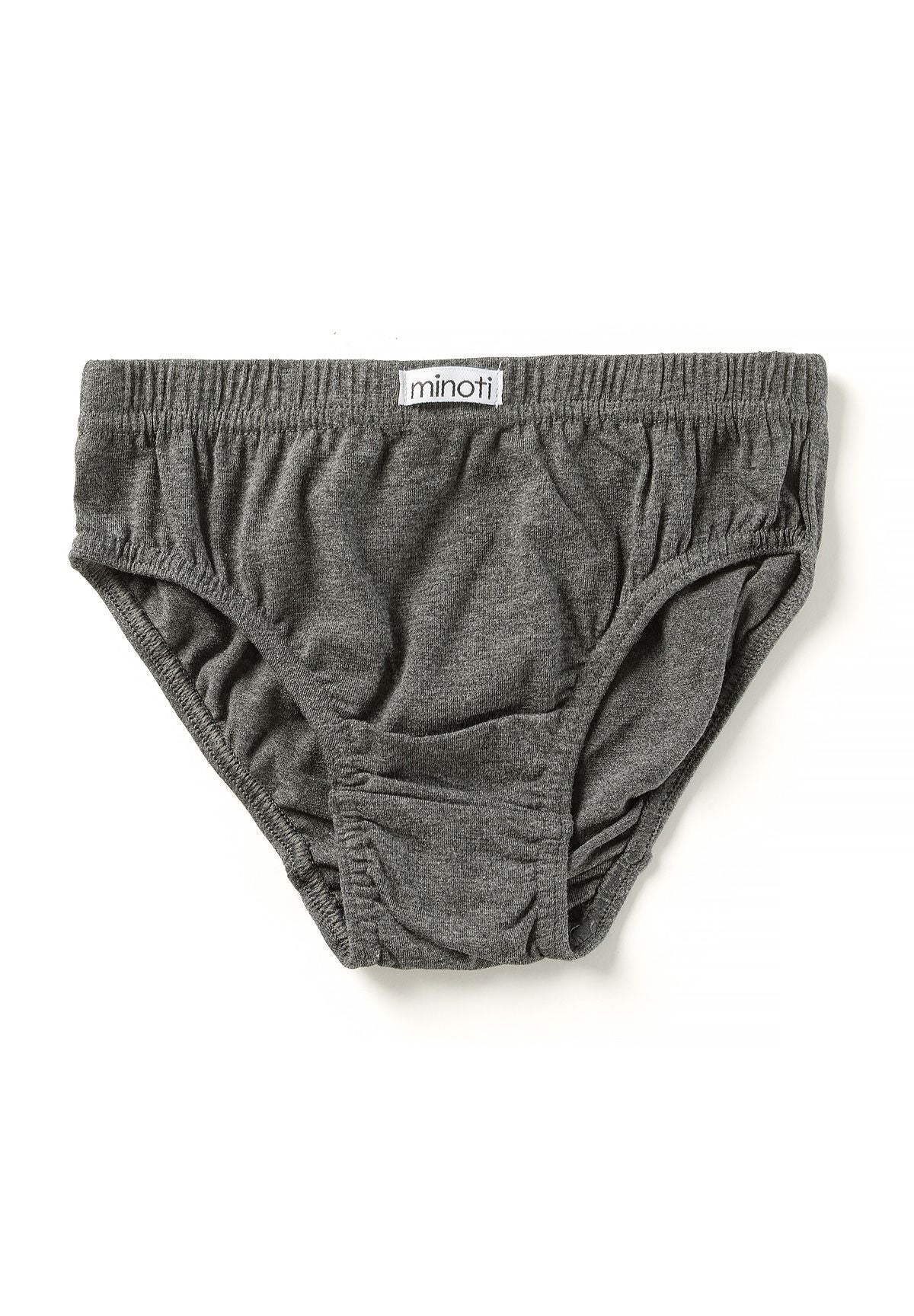 Plain dark grey marl boys' briefs with gathered waistband and curved leg openings.