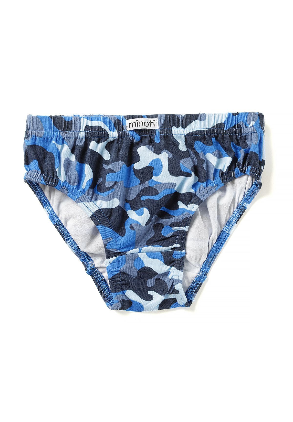 Blue, navy, black and white camouflage boys' briefs with white inner leg panels.