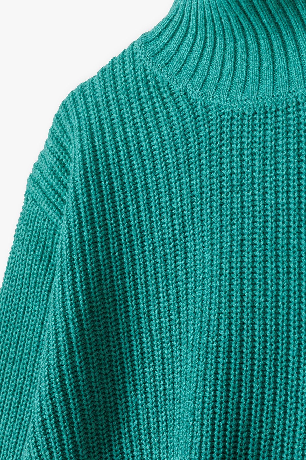 Green high-neck ribbed jumper, neckline and knit detail.