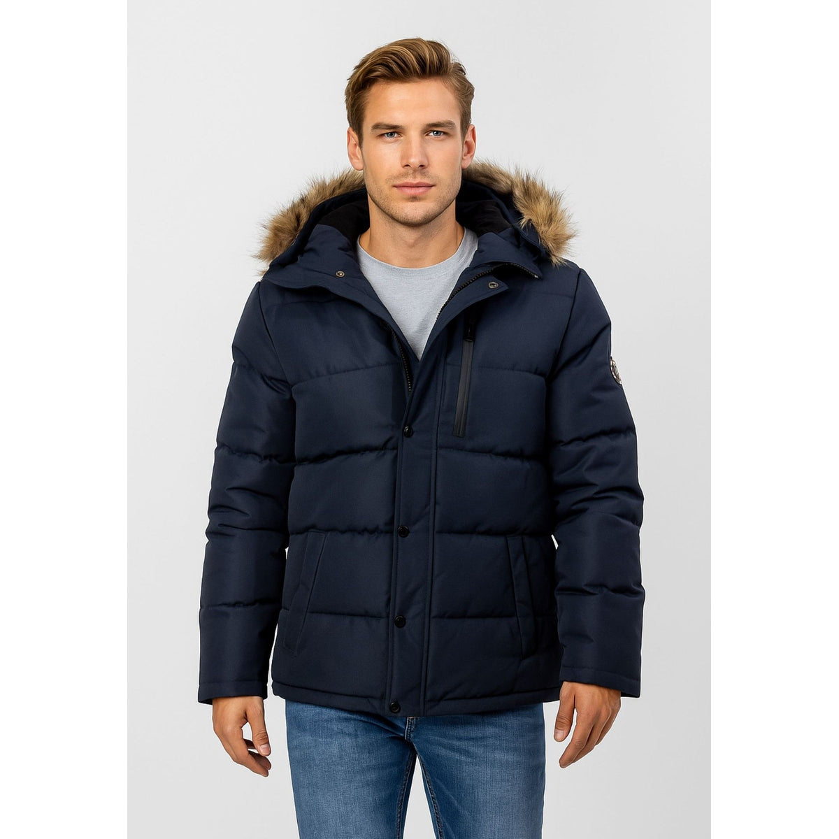 Men's puffer jacket in navy — complete product view for square Shop card