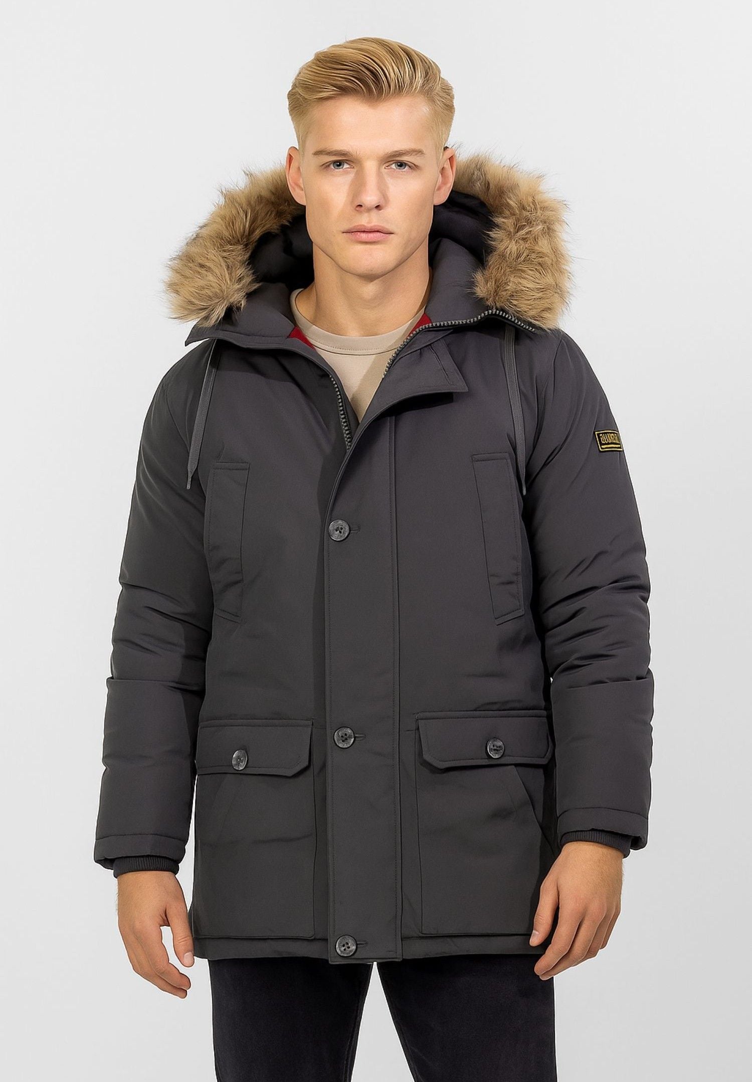 Faux Fur Hooded Parka Jacket, Charcoal - 1