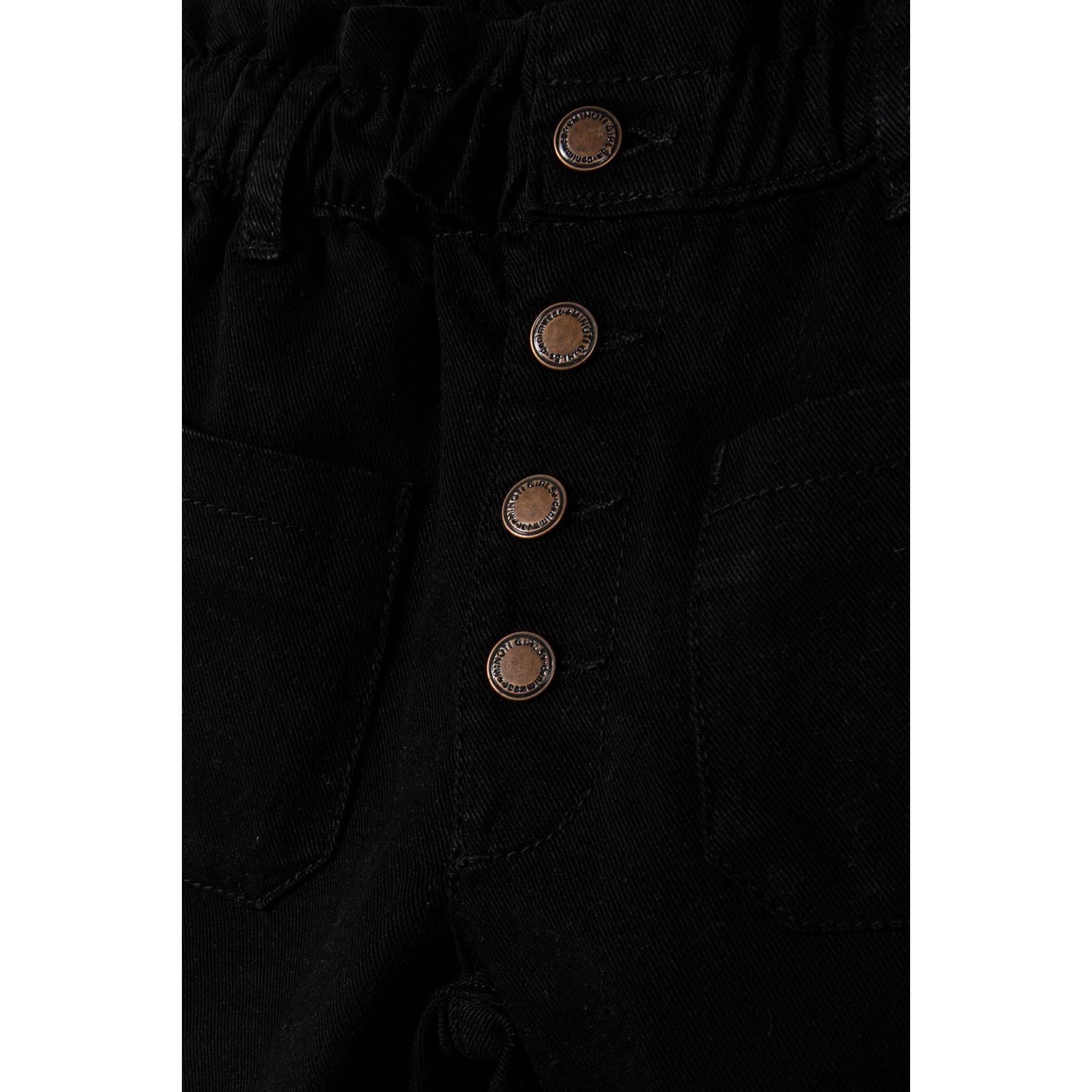 Close-up detail of black denim jeans showing four copper-colored front buttons with brand logo detailing