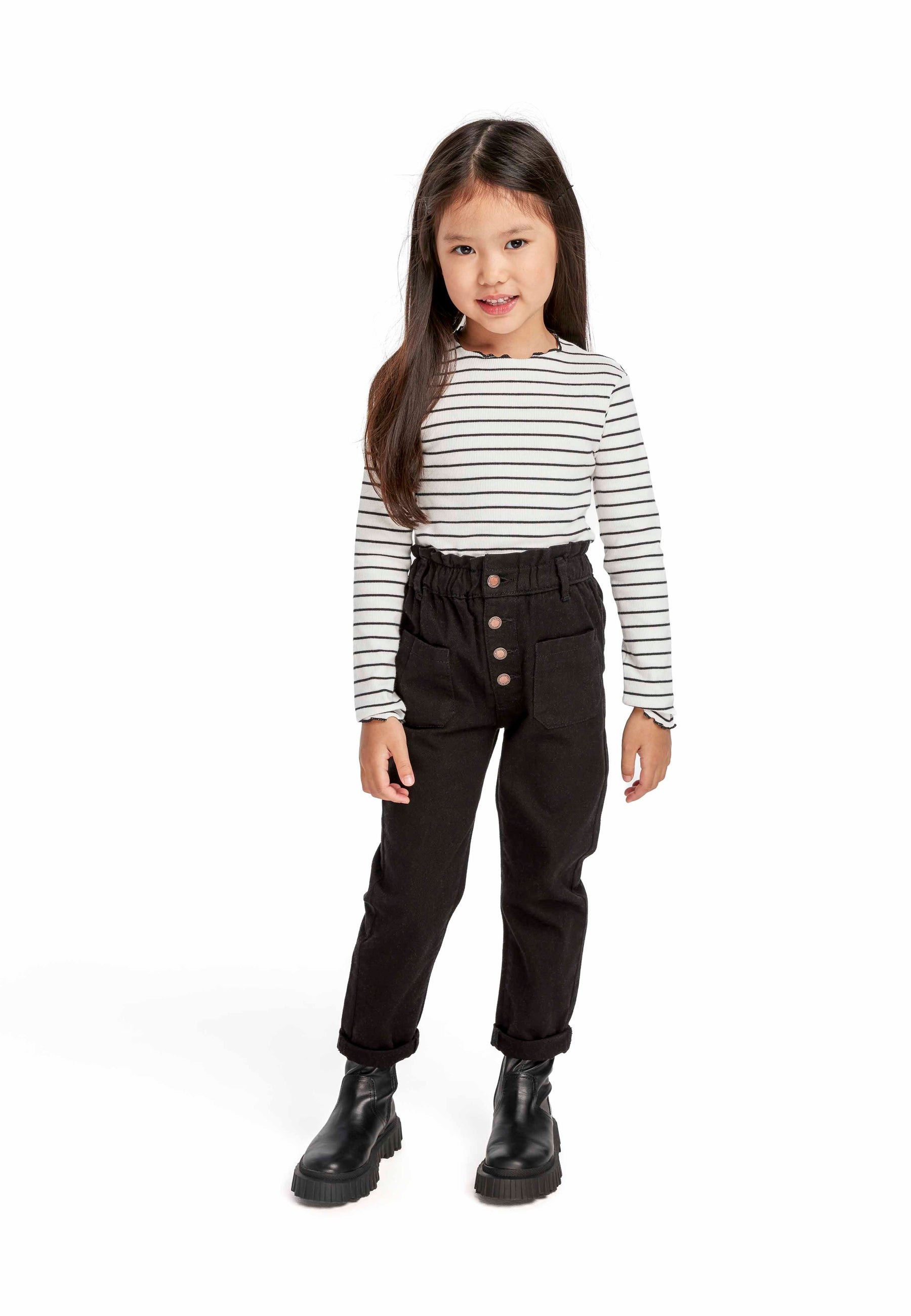 Paperbag Waist Jeans, Black, Button Front - 1