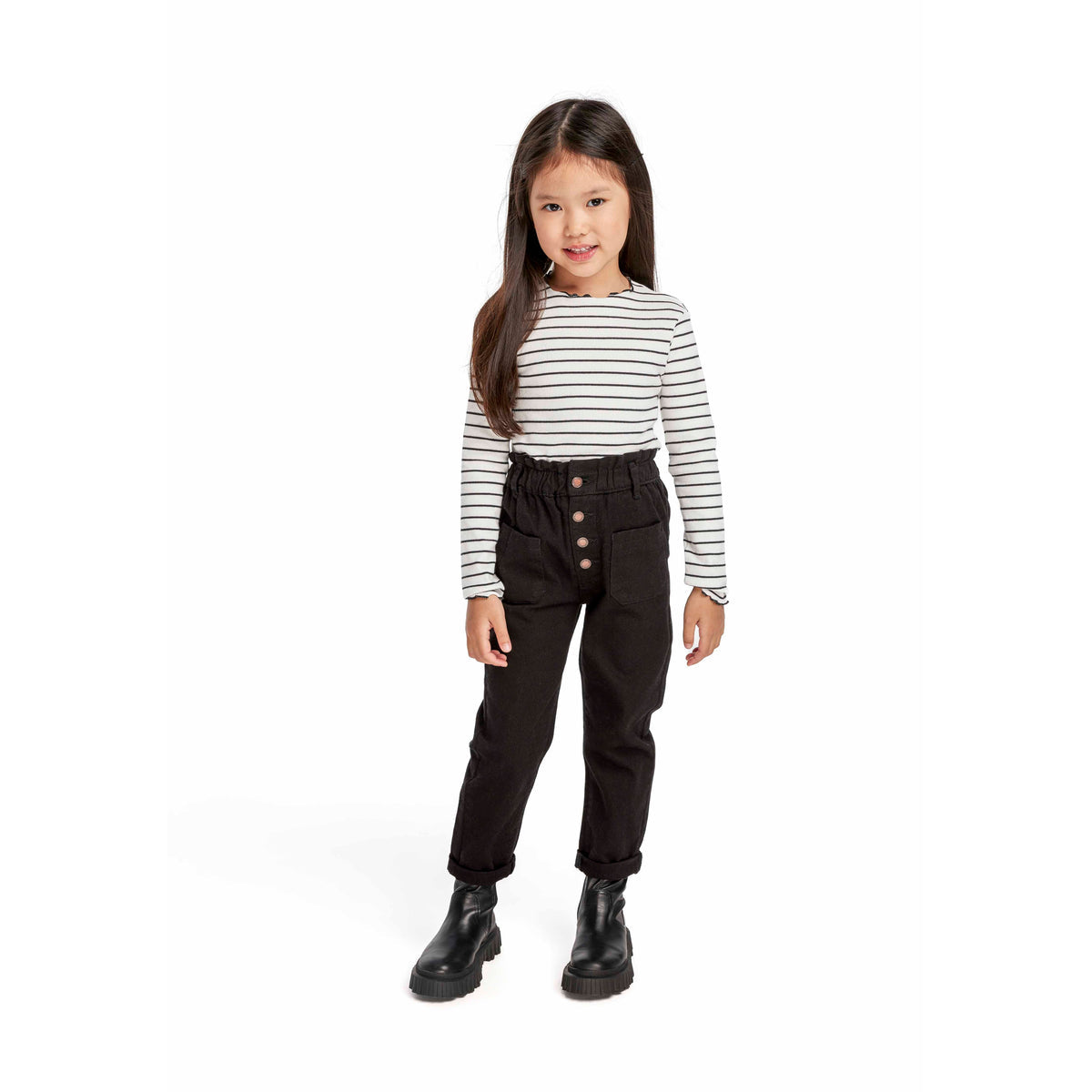 Girls' paperbag waist jeans in black — complete product view for square Shop card