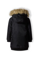 Girls longline parka jacket fur trim hood black 3-14y. Black outer shell with faux fur hood, perfect for girls aged 3-14.